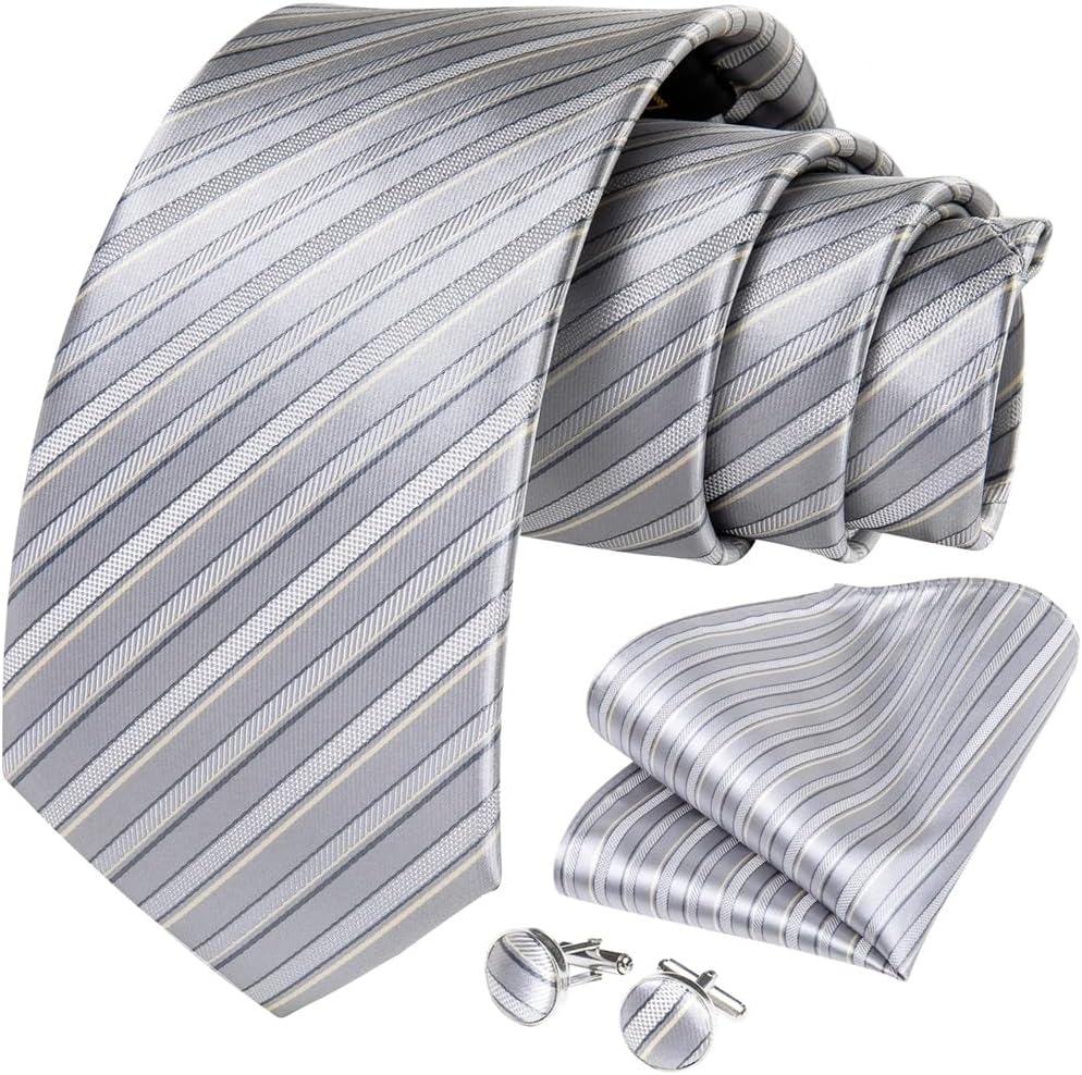 Men's Business Tie Sets Neckties Striped Silk Ties Formal Wedding Party Accessory Handkerchief Cufflinks
