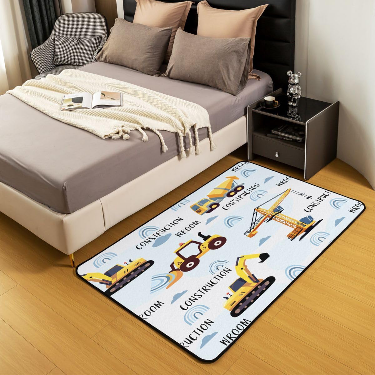 Tappeto per area di costruzione 13 x 17 cm, tappeto decorativo per bambini, per ragazzi e adolescenti, attrezzature, camion, soggiorno, escavatore, trattore, giallo, tappetino per interni, decorazione