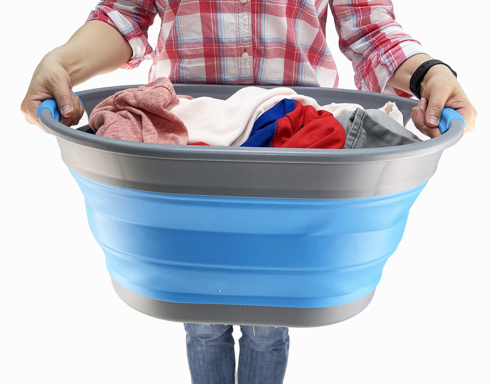 SAMMART Cesto portabiancheria ovale in plastica, 28 l, pieghevole, contenitore pop-up, portatile, salvaspazio (grigio/blu)