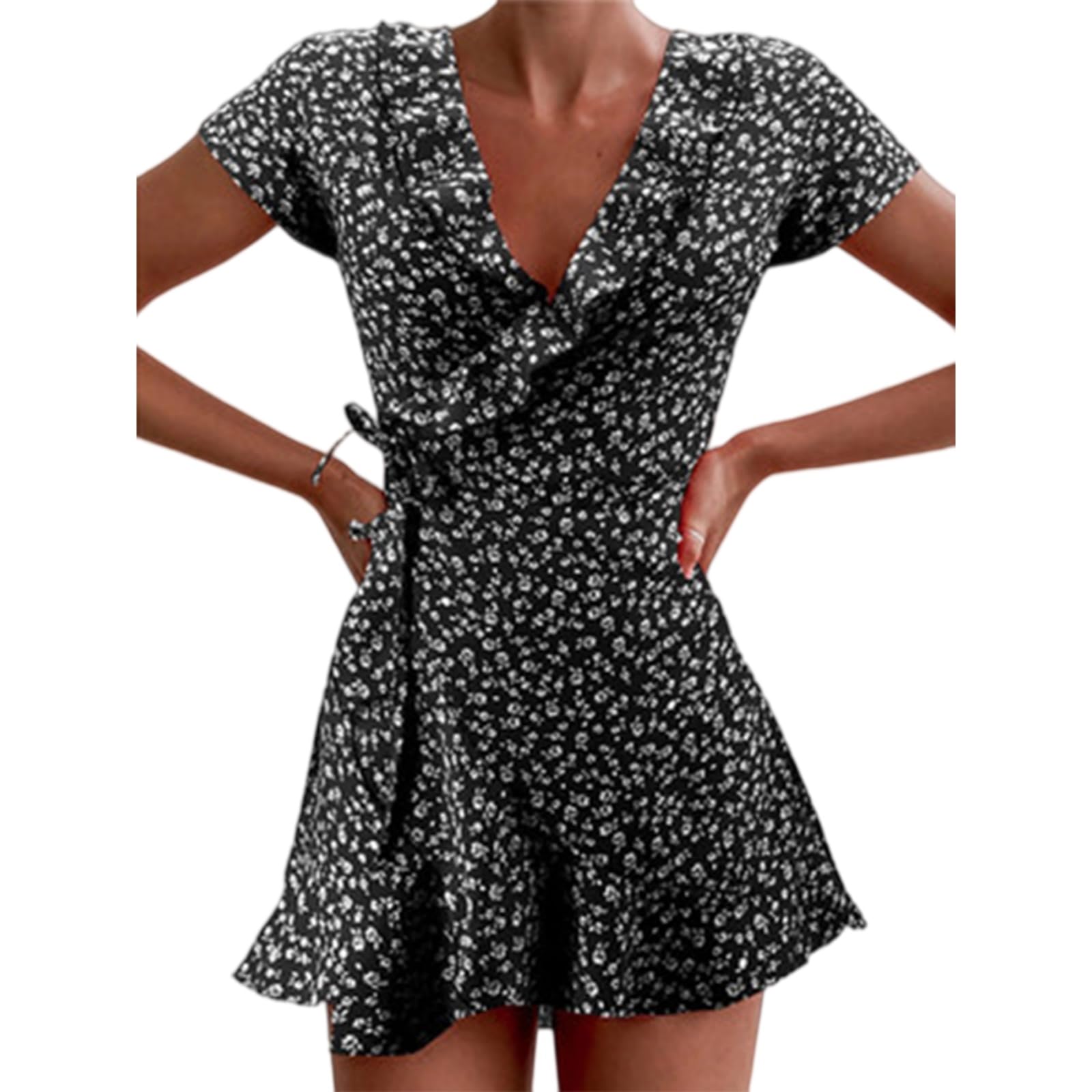 Vestito Donne Estate Fiore Mini Abito V Collo Ruffle Una Linea Stampa Corto Elegante Chic Vacanza Vestiti-Black-XL
