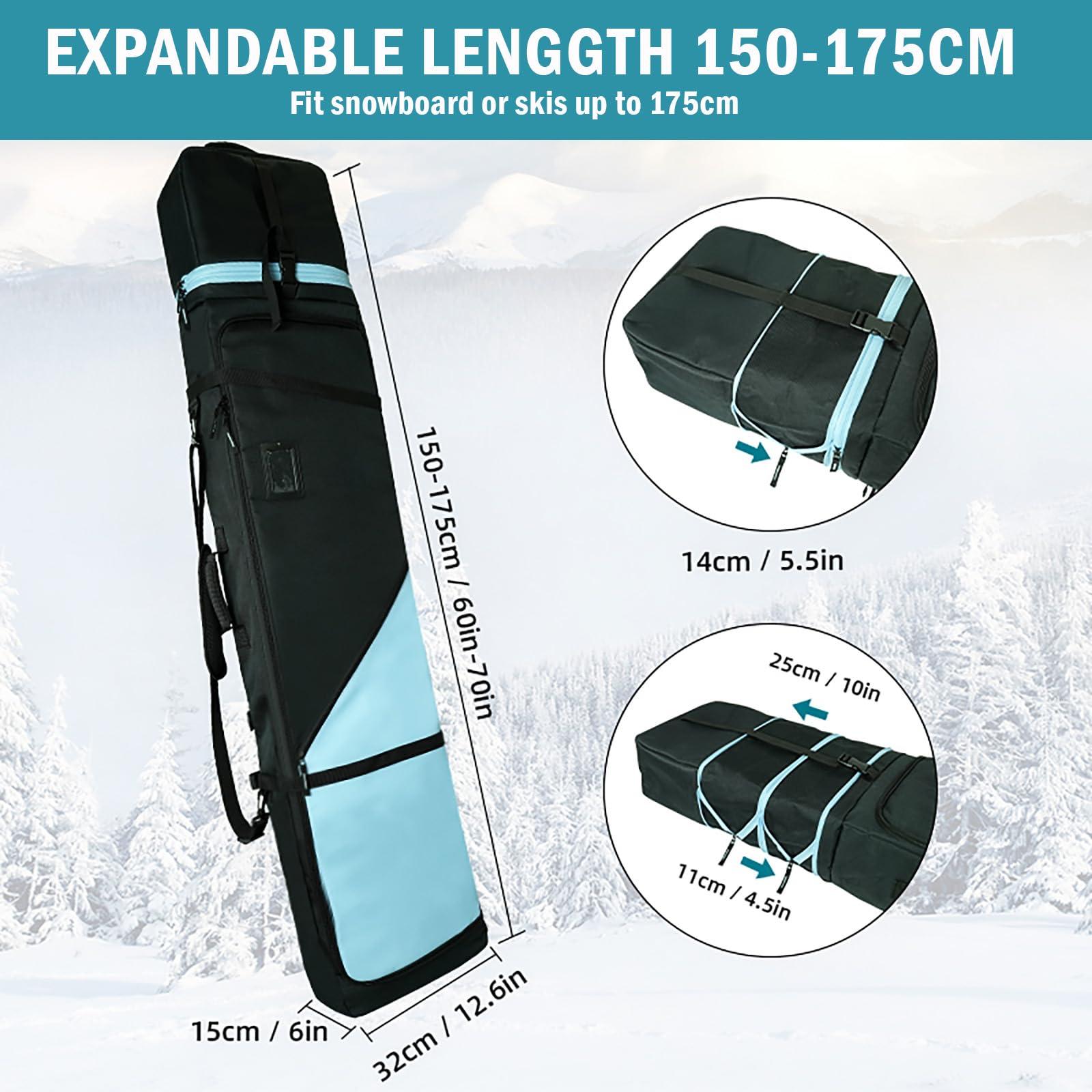 AUMTISC Snowboardtasche, Snowboard Bag gepolstert，robuste Skitasche mit wasserdichtem Innenfutter, verstellbare Schultergurte, passend für 155 cm-180 cm Snowboards, Schwarz/Blau