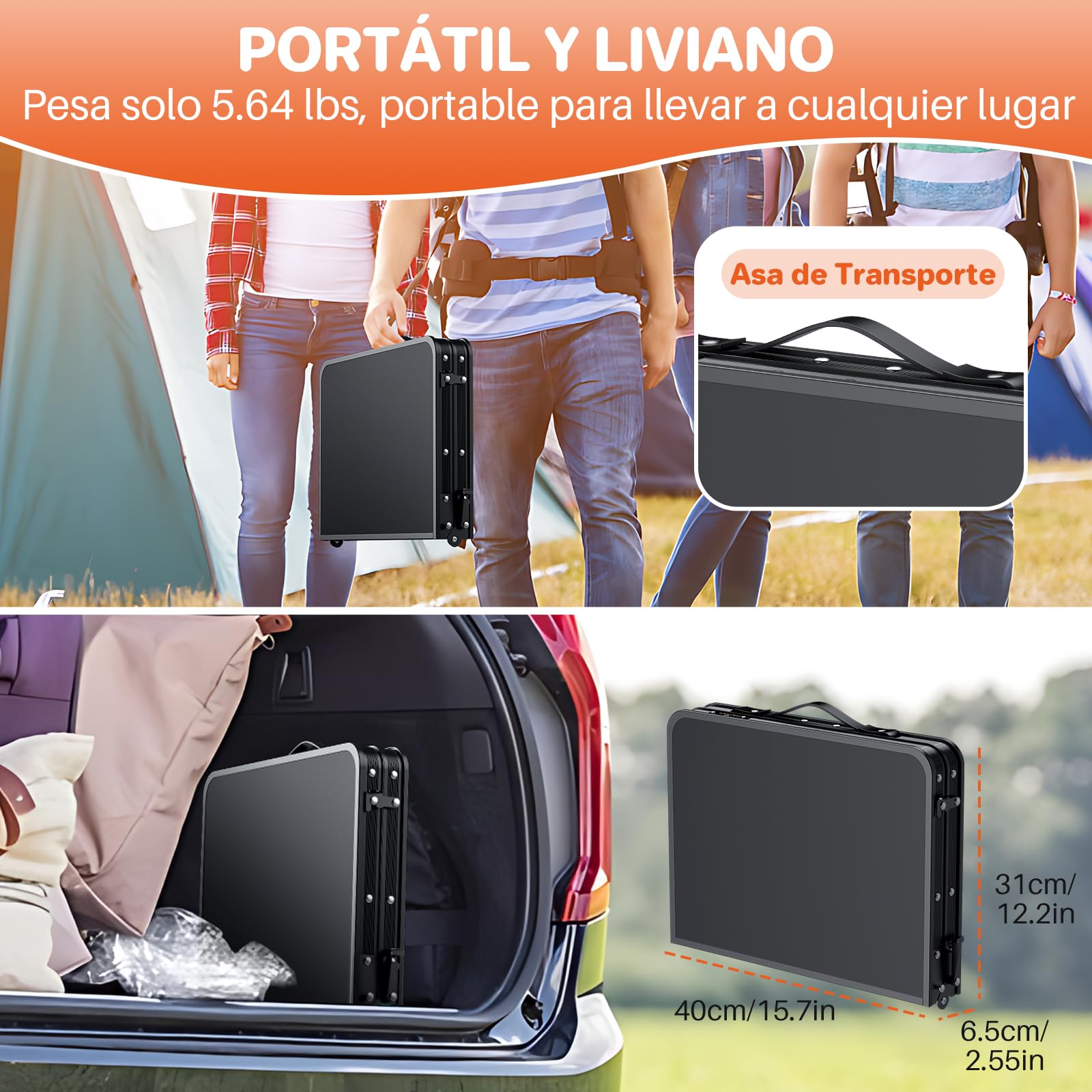 FUNYKICH Mesa Plegable Camping con Rosca 60x40cm 3 Alturas Ajustables (27/51/75cm), Mesa Plegable Portátil Aluminio, Panel de MDF, Ligera y Duradera,Bolsa de Almacenamiento, para Camping,Pesca,Hogar