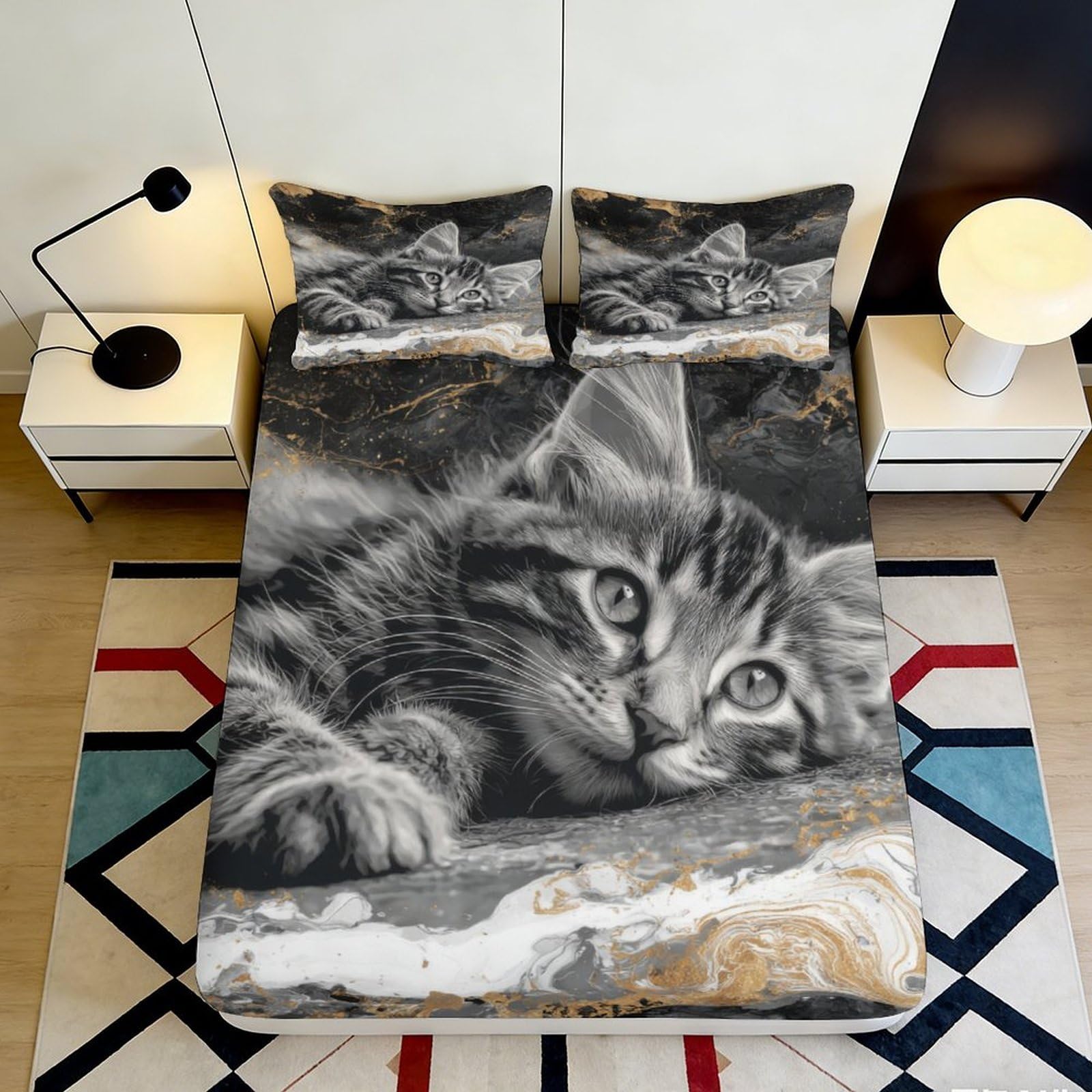 Pnayamiorkfel Style-6 3D Printed Tabby Cat Fitted Sheet Microfiber Soft Black Marble Bed Cover For Bedroom Guest Room Dorm Decor 90X200x25cm