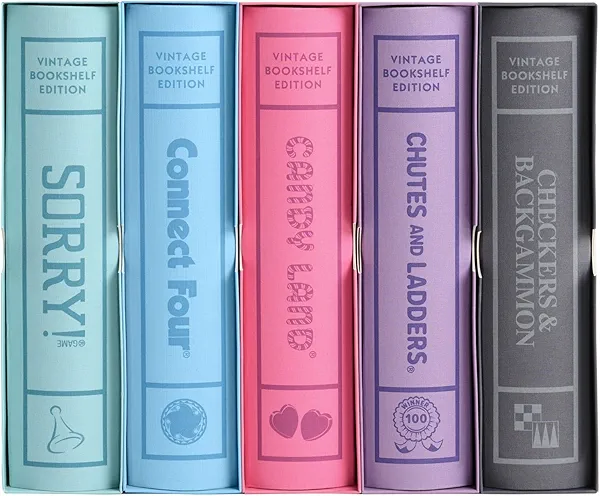 WS Game Company Candy Land, Chutes and Ladders, Checkers and Backgammon, Connect Four, and Sorry! Vintage Board Game Bookshelf Collection