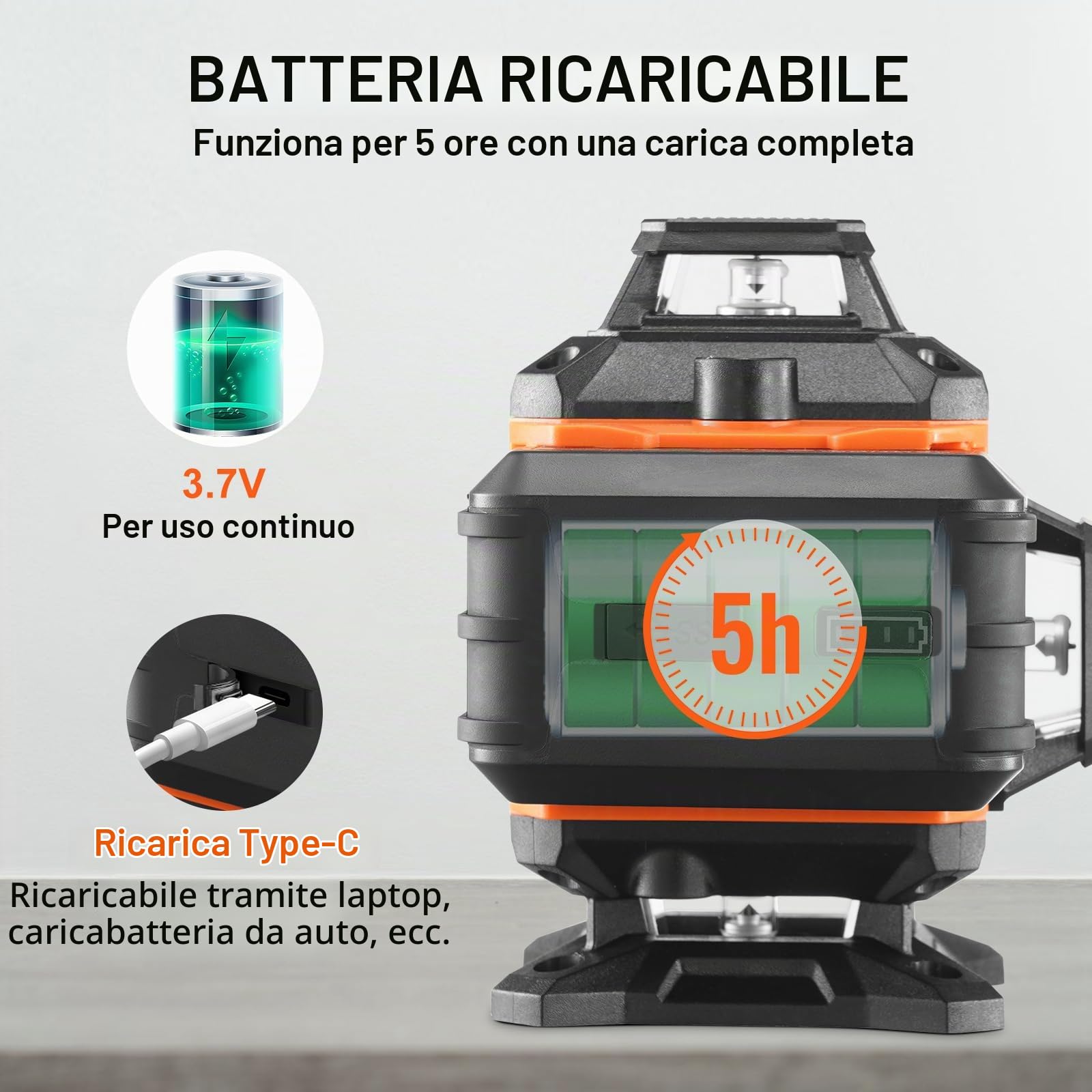 VEVOR Livella Laser Raggio max. 30m Livella Laser 360° x 4 Linee Trasversali Verdi Modalità Manuale Autolivellamento Lunghezza d'Onda Laser 520nm ± 10nm Precisione tra 0,28cm - 10m