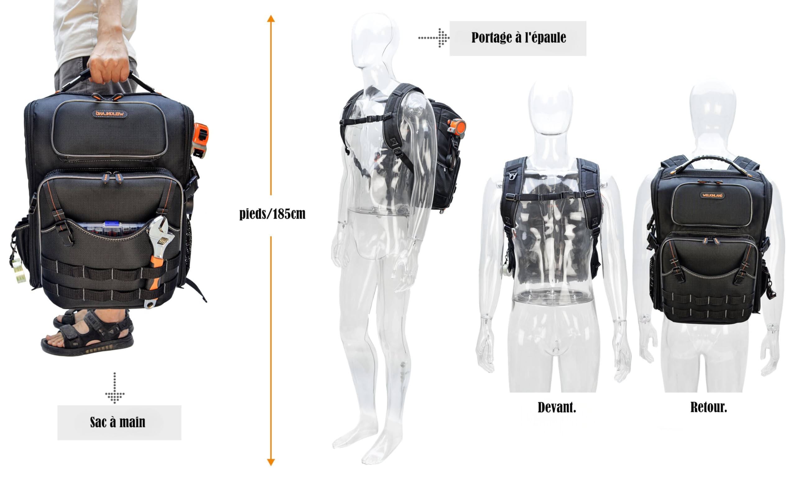Welkinland Sac à outil et dos entièrement ouvert, sac à dos pour outils et électriciens