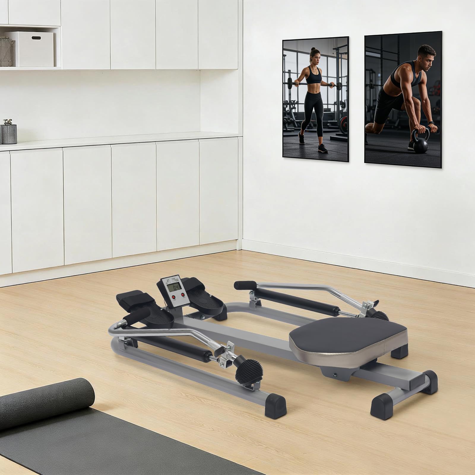 Máquina de remo para entrenamiento abdominal, plegable, 12 niveles, LCD, 2 en 1, ejercicios de cardio hidráulicos, 120 kg, 110 x 61 x 21 cm, silencioso, para entrenamiento en casa, gimnasio