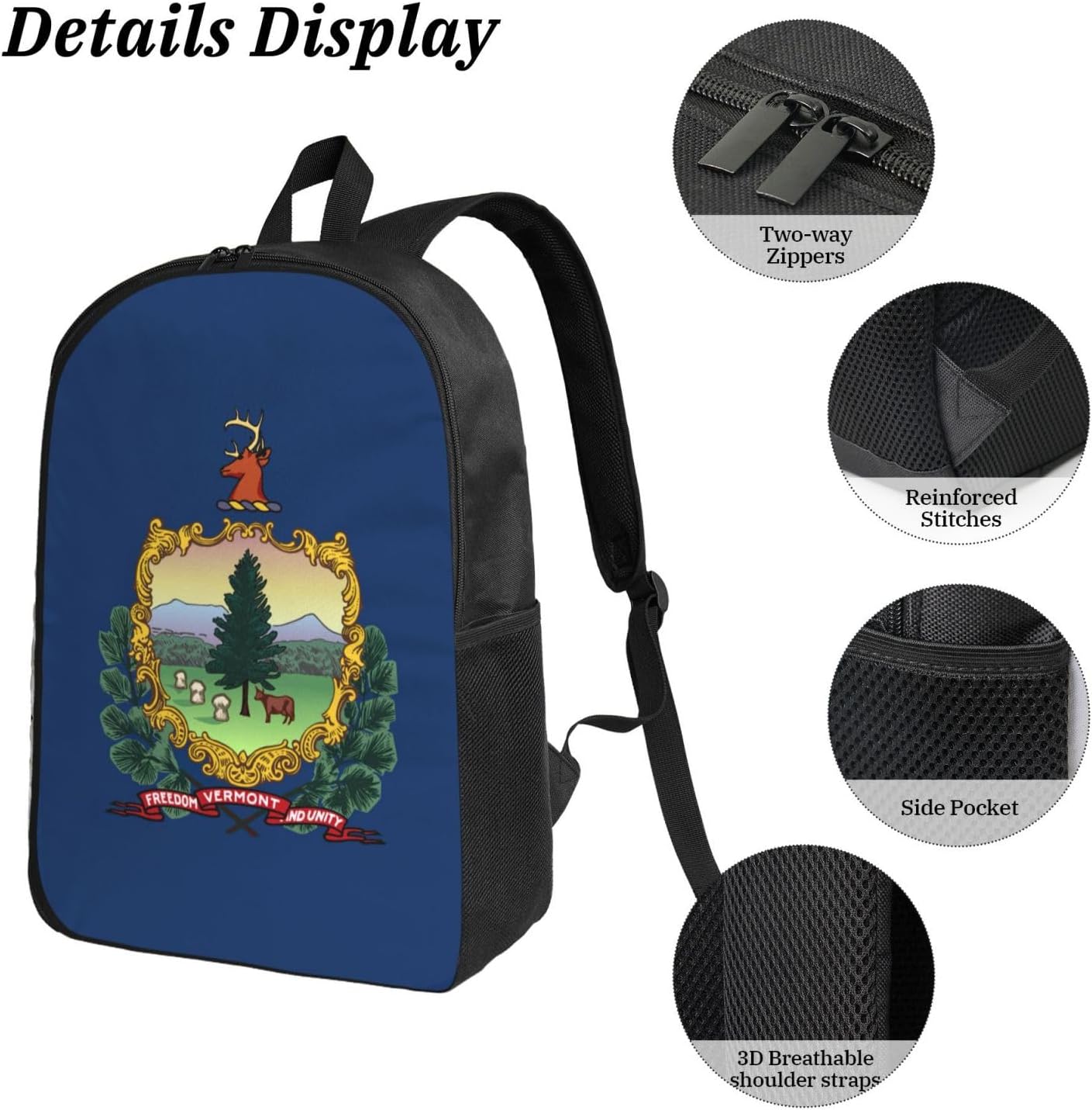 Vermont State Flag print Shoulder Bookbags Lunch Bag and Pen Case 17 inches Backpack with Lunch Box, Cute Bookbag Set