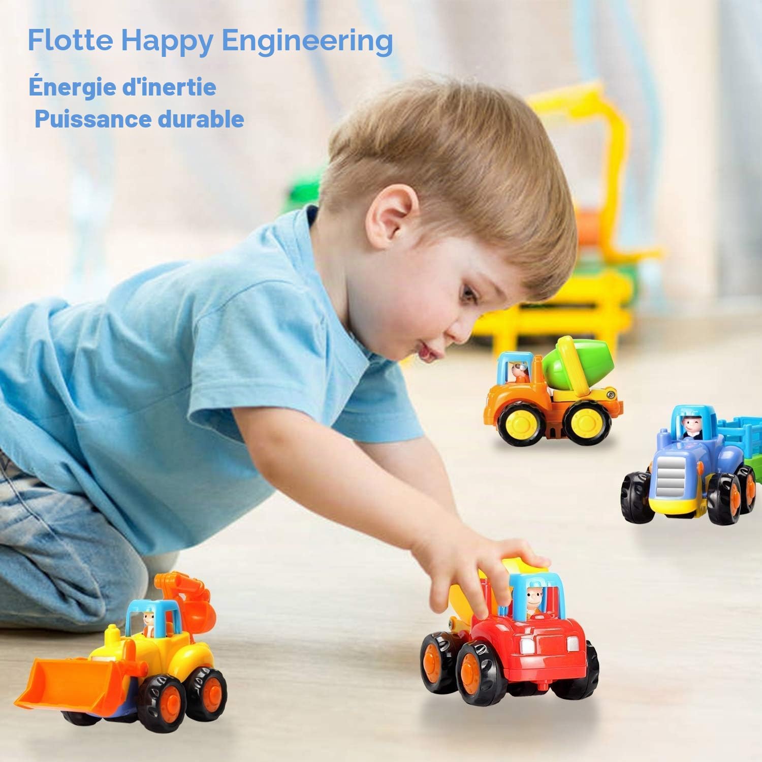 MOONTOY Voiture Enfant 2 Ans,Voiture Friction Jouets pour Garçon Fille,Set de 4 avec Tracteur,Bulldozer,Mixeur de Camion et Camion,Cadeau 1 2 3 Ans
