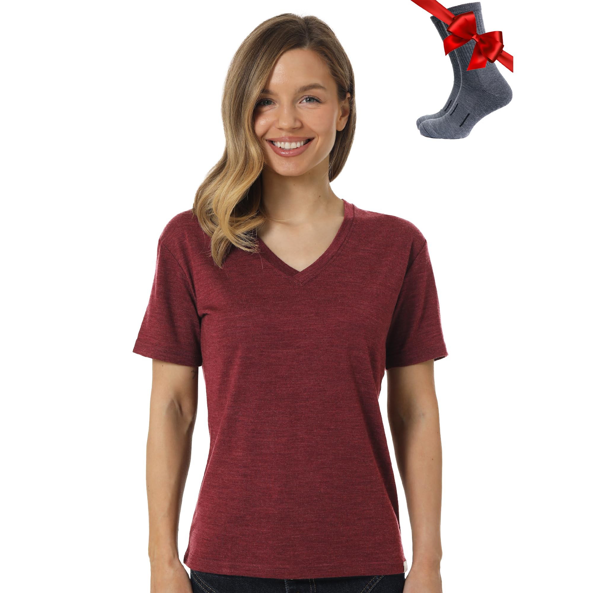Merino.tech Camiseta Lana Merino Mujer — 100% Merino Lana Camiseta Interior Mujer con Calcetine (X-Large, Burgundy Wine V-Neck)