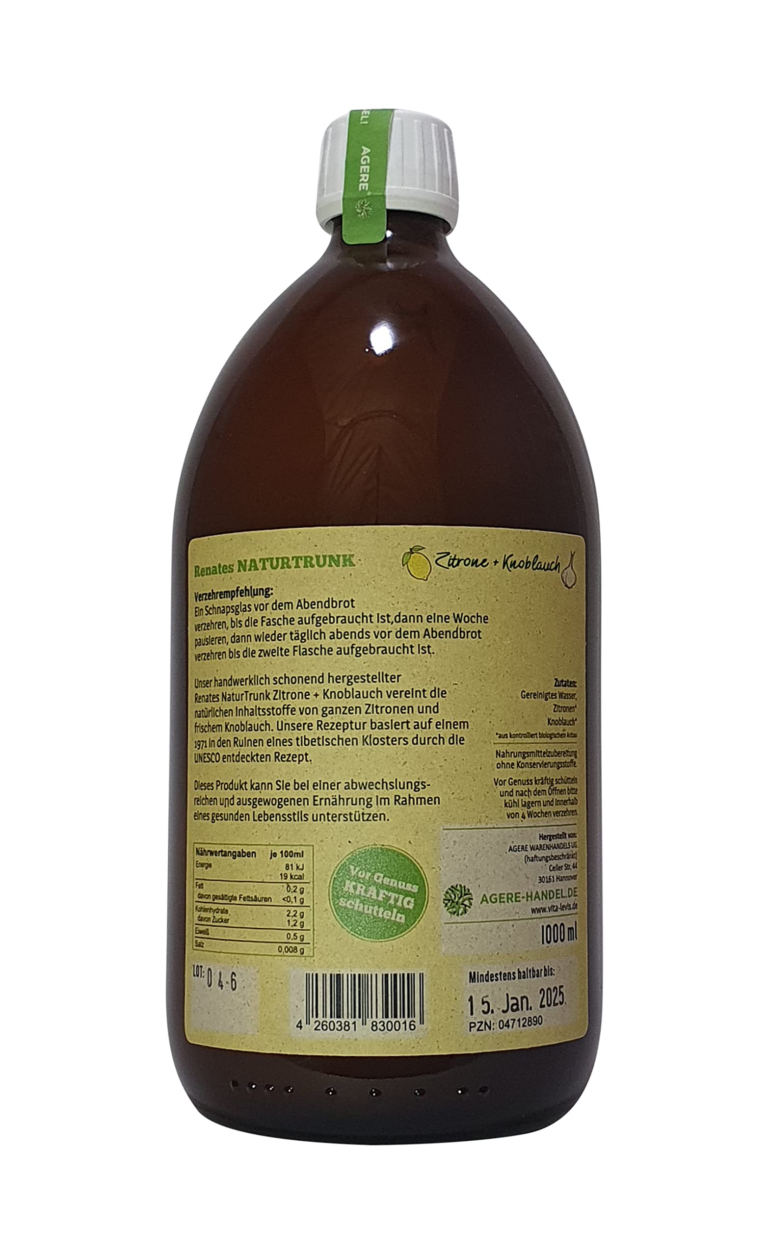 Jetzt 1 Liter! OHNE Konservierungsstoffe! 2 x Renates NaturTrunk Zitrone + Knoblauch, 2 x 1000ml Glasflasche, PZN 04712890, DE-ÖKO-006, handwerklich hergestellt in kleinen Stückzahlen.