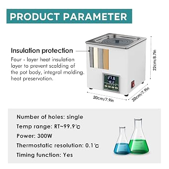 Lab Water Bath Digital LWB-1 Thermostatic Heater Electric Heating Devices Stainless Steel Liner 3L Capacity 1 Selectable Opening for Laboratory Experiment 110V/60 Hz