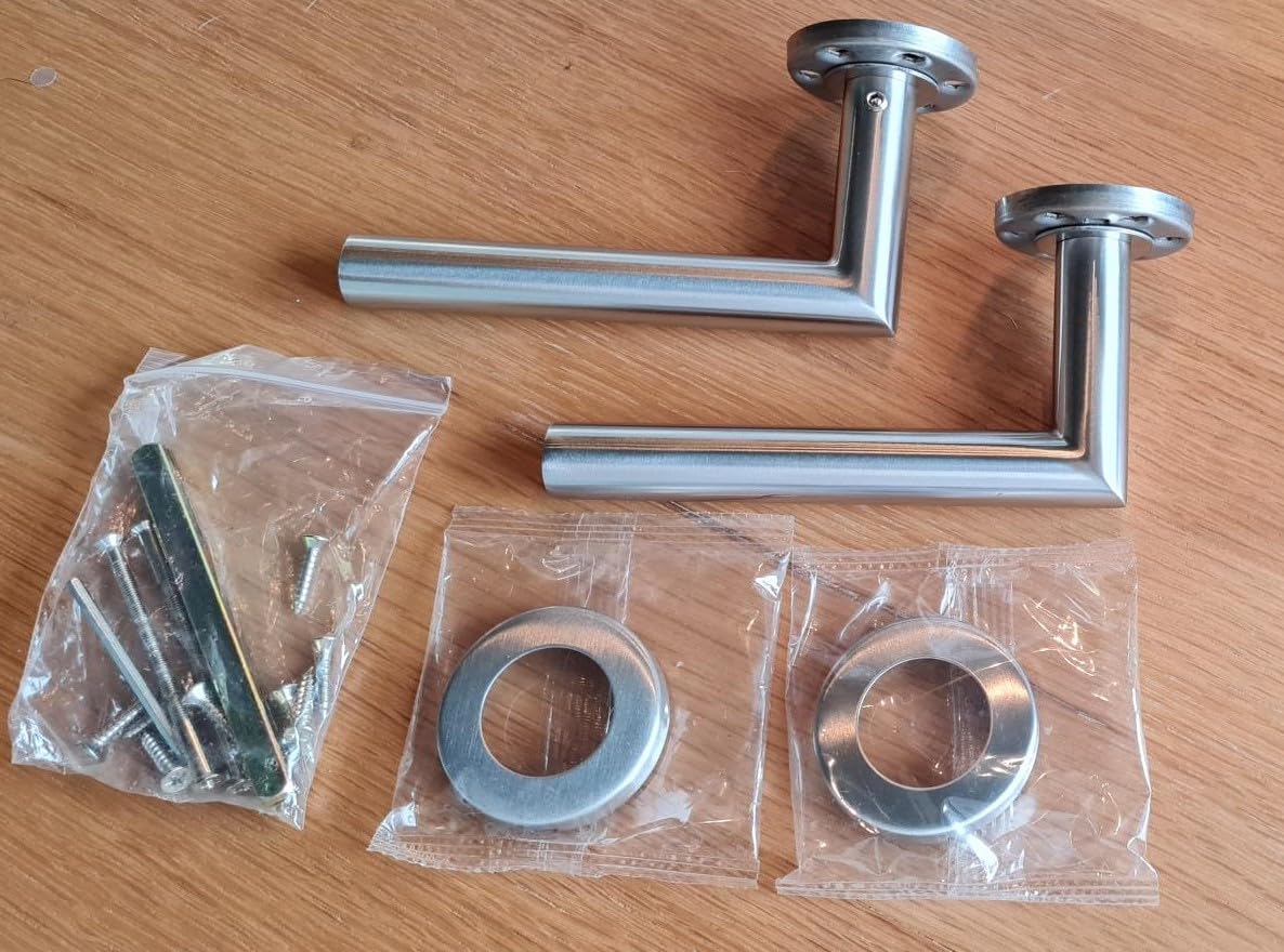 Lever Handle, 19mm Approved Bolt Through Lever Handle on Rose, Satin Stainless Steel (SSS), Set (Pair), inc fixings, Mitred - Image 4