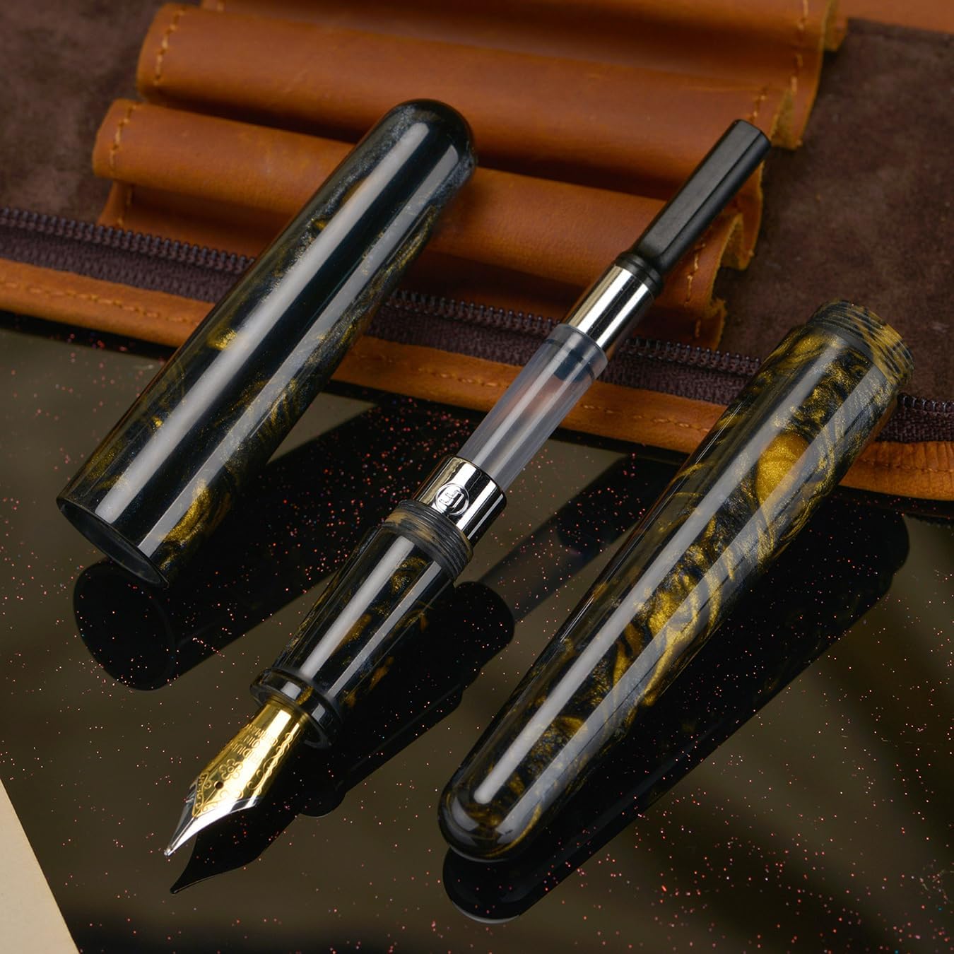 erofa Fuliwen 017 Resin Fountain Pen Medium Nib with Converter, Black Golden Resin Writing Pen Set