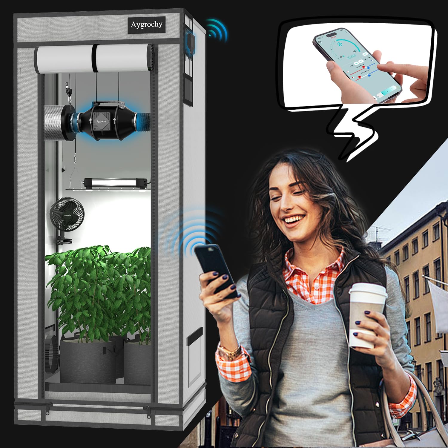 Aygrochy Wifi App Extractor de aire kit 100mm, Ventilador en línea Kit para cultivo, con filtro de carbón y manguera de extracción para carpas de cultivo, tienda de cultivo hidropónico