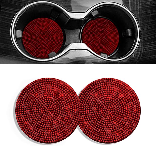 Jagowa 2 Packs Car Water Coasters Shiny Diamonds Crystal Anti-Slip PVC Soft Coasters Car Cup Holder Car Accessories for Women Girls (Red)