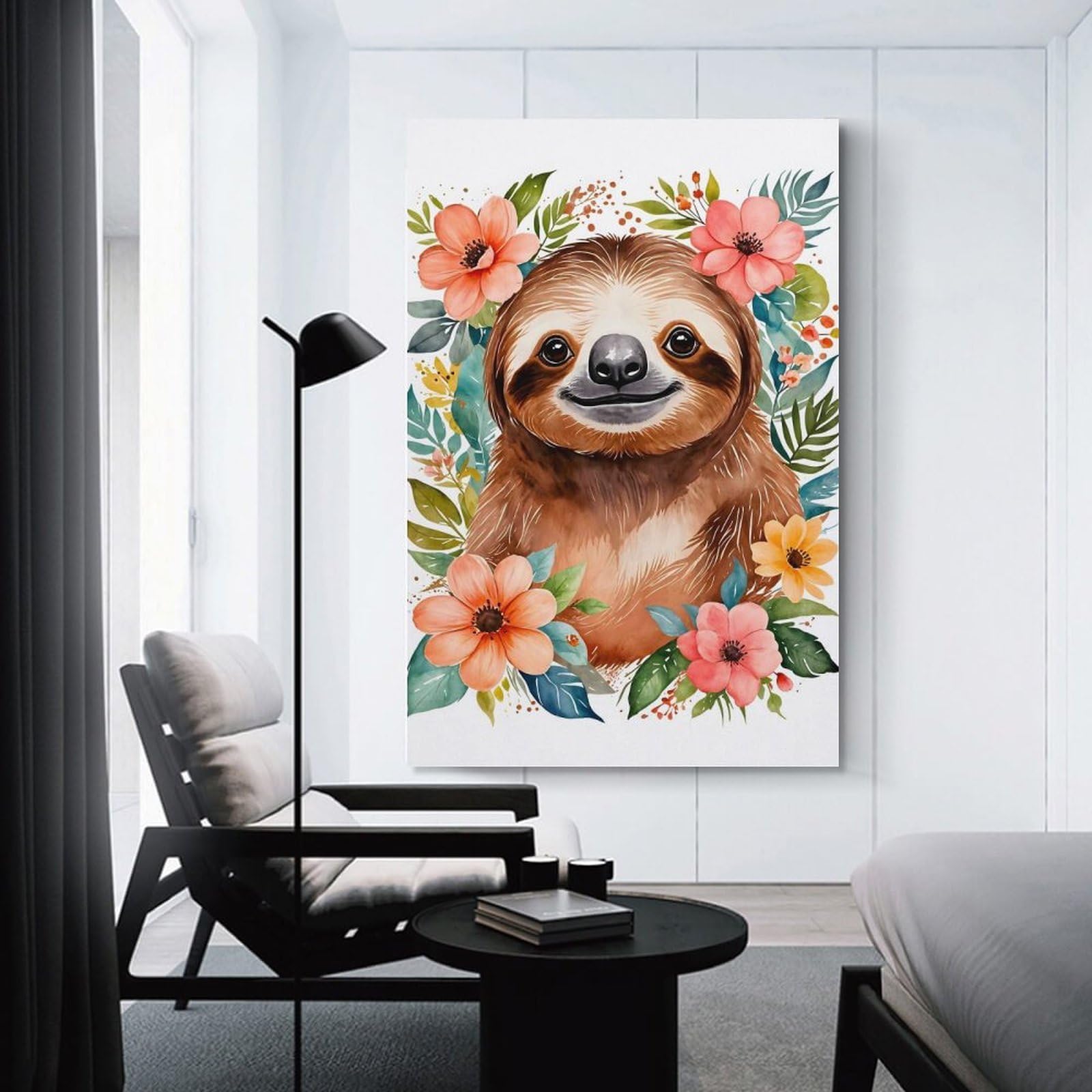 Junmoney Unframe-Style-1 Hanging Wall Art Sloth Flowers Watercolor, 12X18inch(30X45cm), For Entryway, Lounge Links Or Small Walls, A Neat Decor Update For Hallways