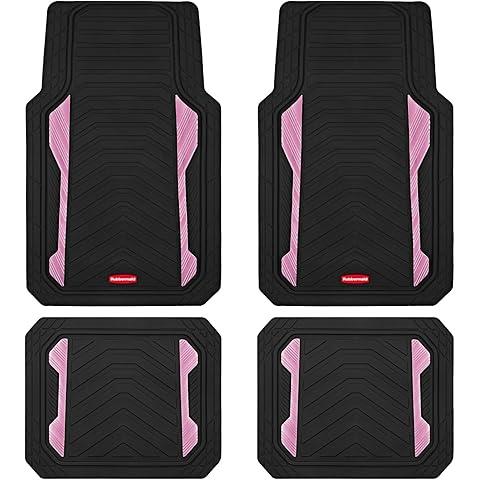 Rubbermaid Car Floor Mat, Heavy Duty All-Weather Car Mats Full Set with Dual-Tone Pink Aluminum Inserts – Universal Fit, Anti-Slip Backing, Trim-to-Fit for Most SUV, Sedan, Van