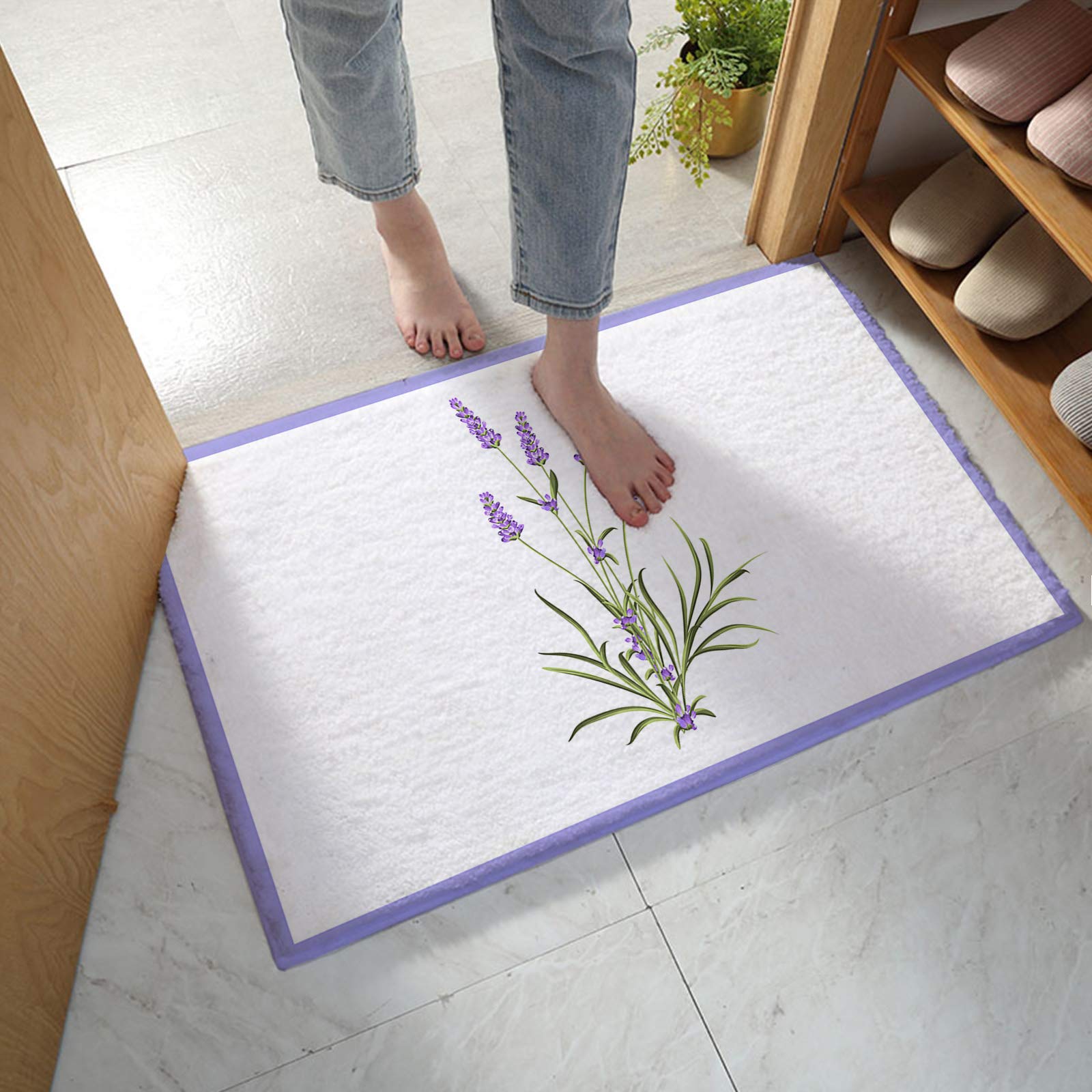 Bathroom Rug Bath Mat, Lavender Summer Flower Minimalist Art Purple White Absorbent Non Slip Soft Microfiber Shaggy Plush Bath Rugs for Shower, 18x30