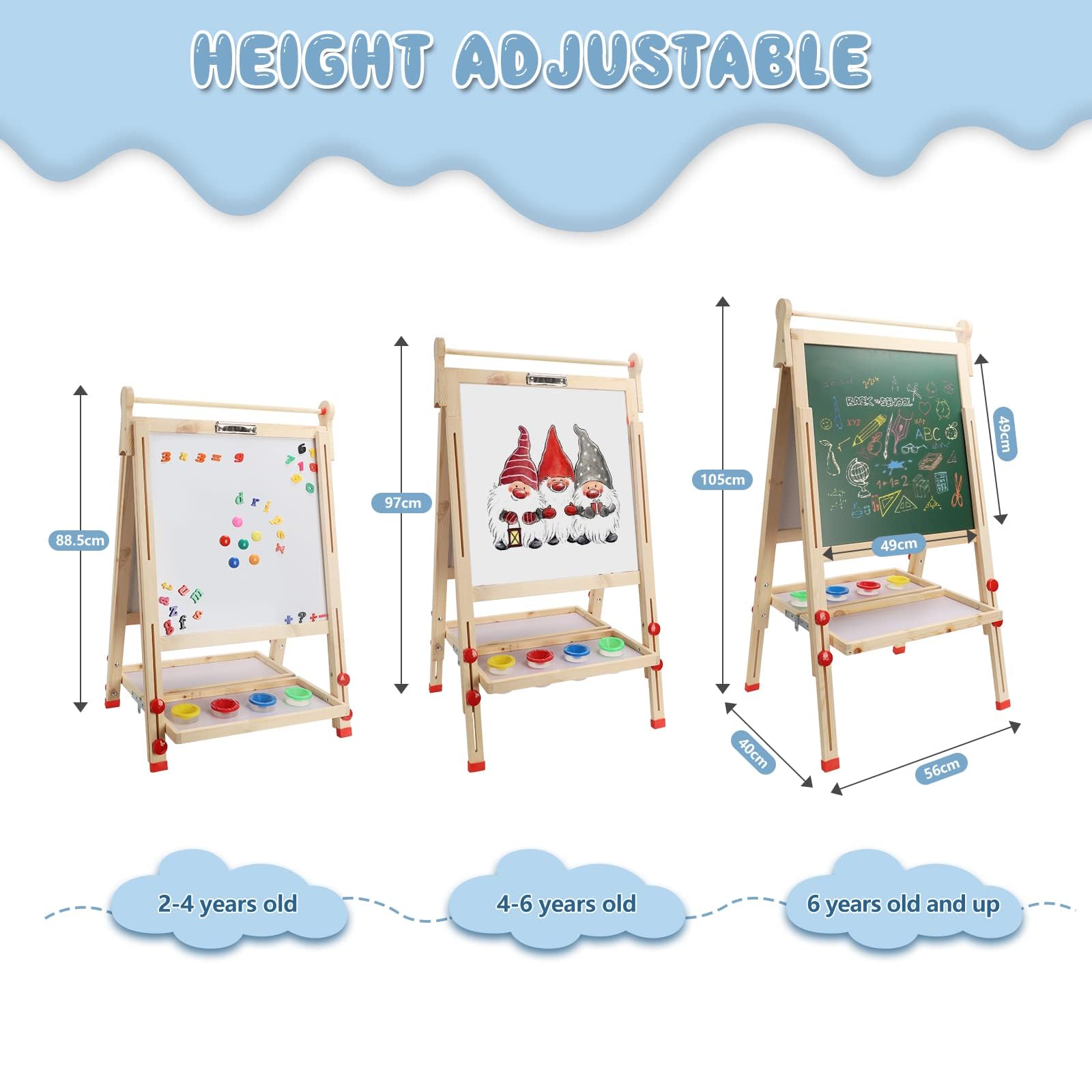 Dripex Bambini con Cavalletto pieghevole in Legno Regolabile in Altezza, Lavagna a Doppia Faccia con 26 Accessori per la pitturaper(49x49x88-105cm)