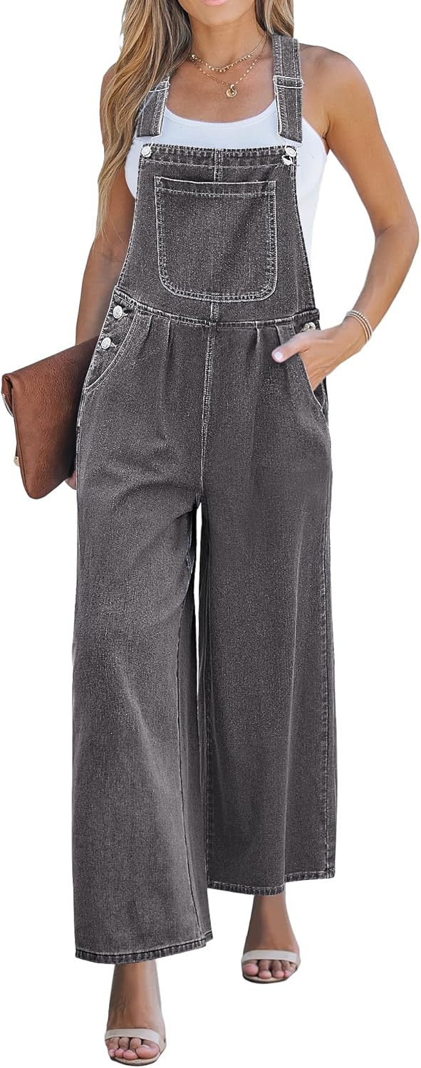 luvamia Denim Overalls for Women Wide Leg One Piece Jean Jumpsuits Fashion Baggy Bib Overall Loose Fit Pleated Pockets
