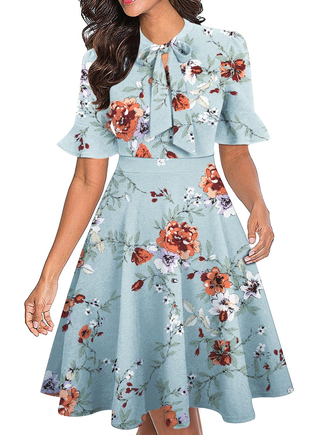 Women Summer Floral Ruffle Sleeve Wear to Work Church Wedding Guest Party Dresses