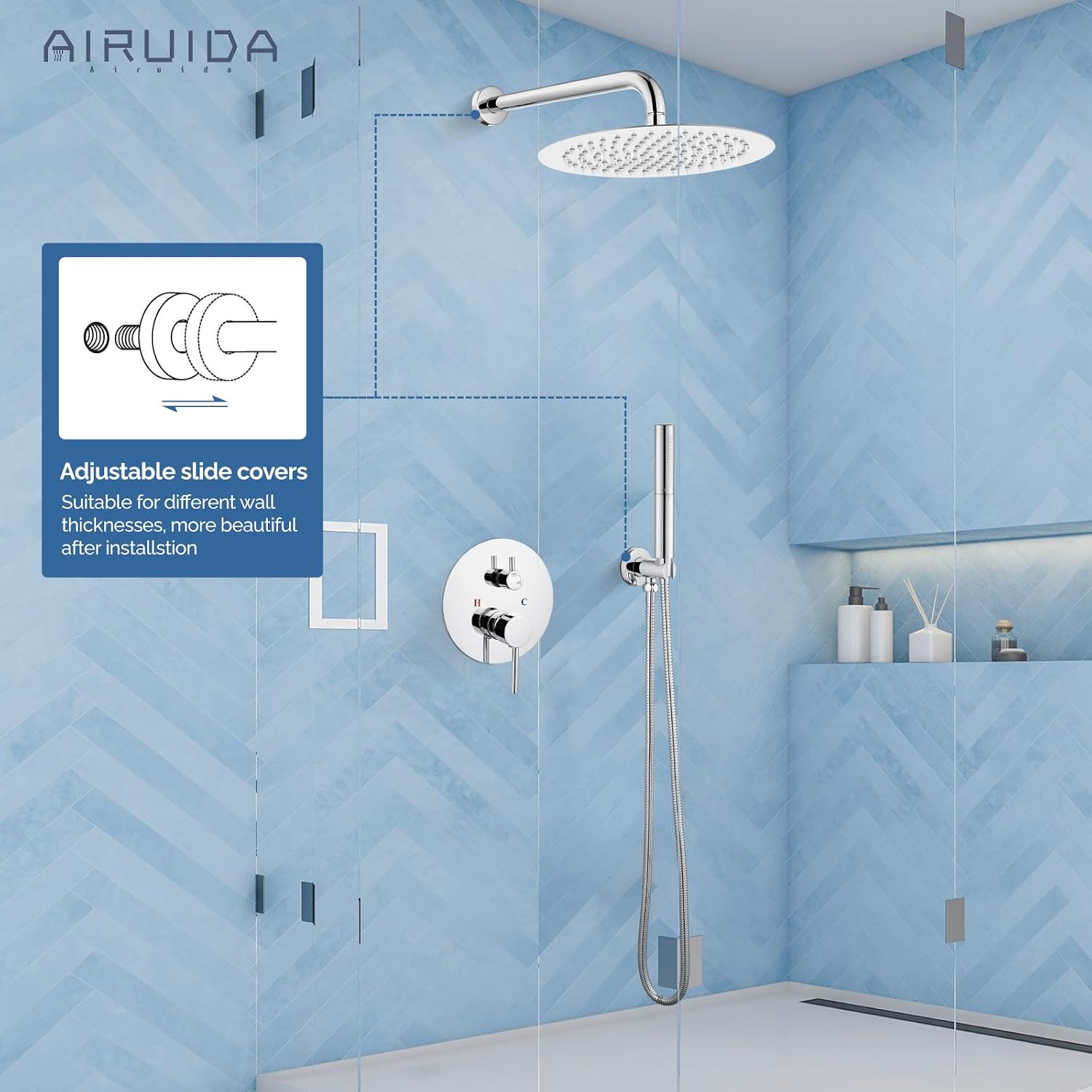 Airuida Shower Fixtures 2 Functions Shower Faucet Set Wall Mounted for Bathroom High Pressure Brass Handheld Shower with Rough-in Valve Round Rainfall 12 Inch Shower Head Chrome Polish