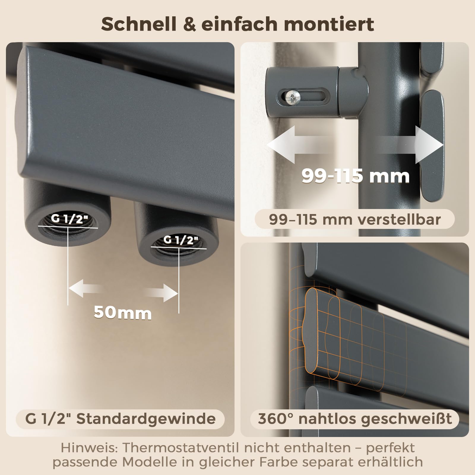 S'AFIELINA Design Badheizkörper Handtuchheizkörper Anthrazit Flach Paneel mit Mittelanschluss 1320x500mm Heizkörper für Bad 695W,Handtuchtrockner für Zentralheizung, Anthrazit (Ohne Thermostatventil)