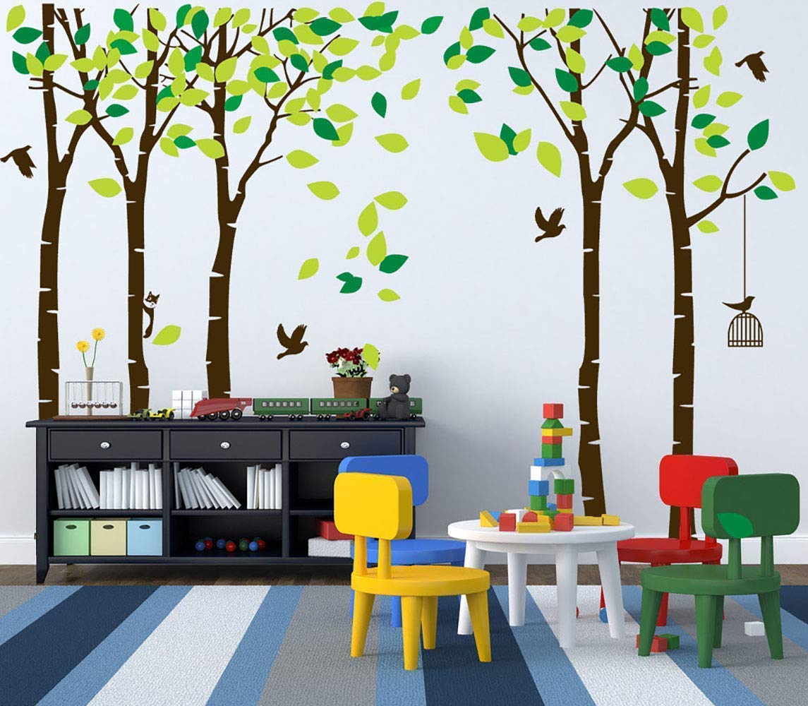 Giant Family Tree Wall Decals Forest Birch Tree Wall Stickers Birds Wall Art for Kids Room Nursery Bedroom Living Room Decoration(Dark Brown and Green)