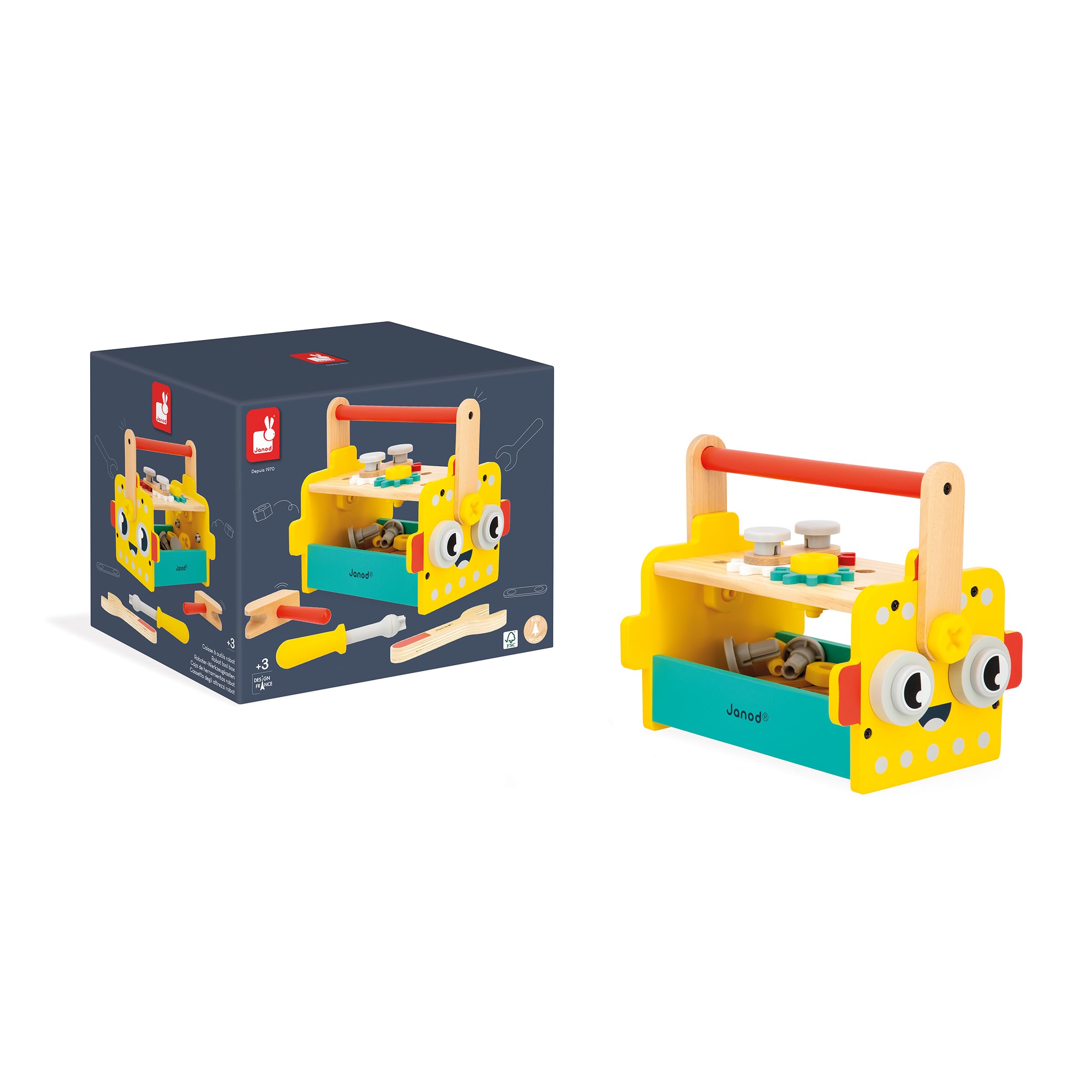Janod - Mon Premier Jeu de Construction - Caisse à Outils Robot - 30 Accessoires - Imitation - Développe la Motricité Fine - 3 Ans + - J06455