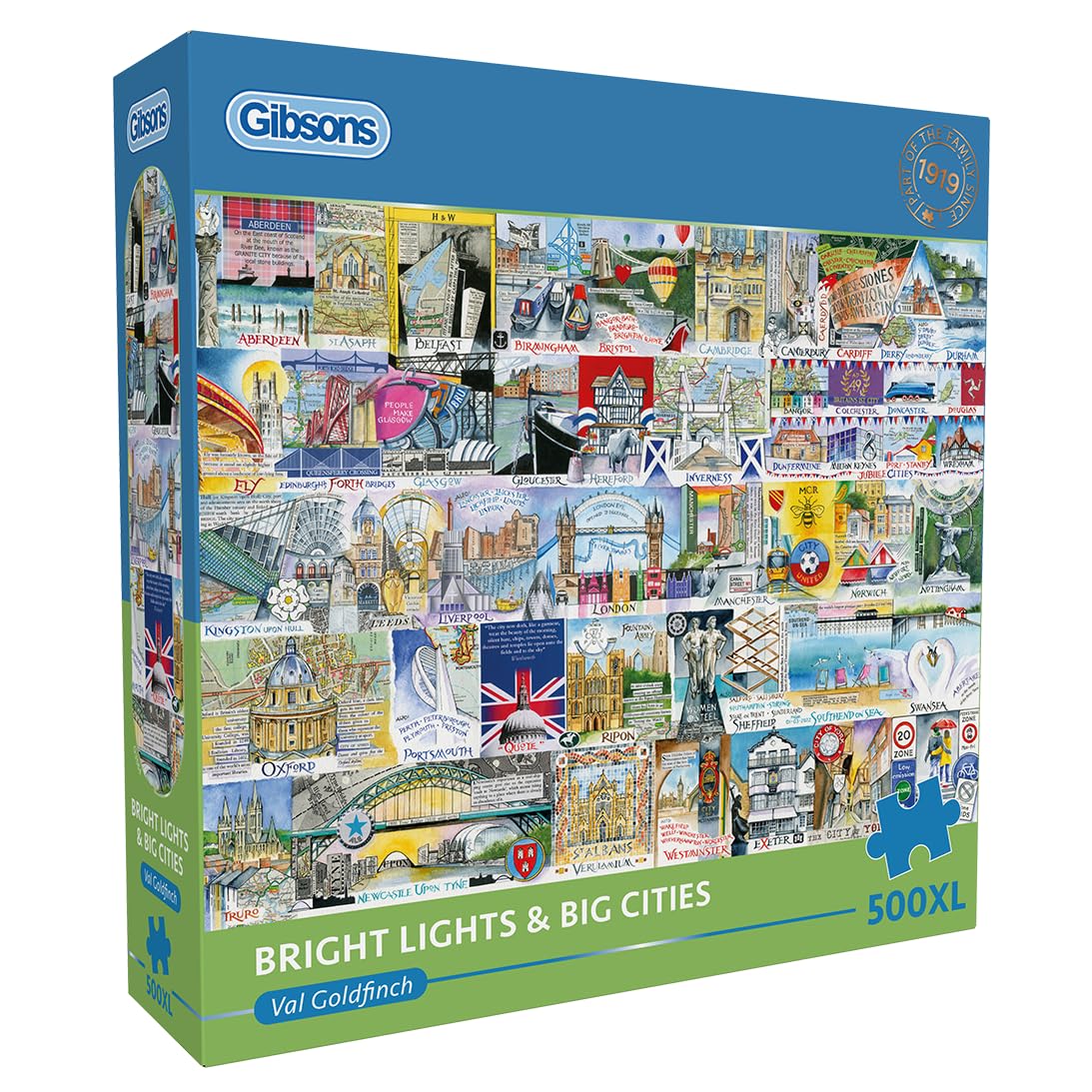 Gibsons Bright Lights & Big Cities 500XL Piece Jigsaw Puzzle for Adults – Popular UK City Landmarks by Val Goldfinch – Extra Large Pieces for Easy Handling – Premium British Gift