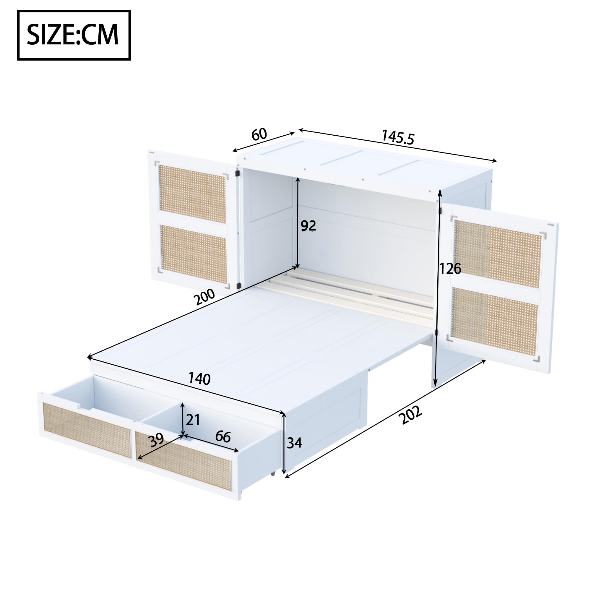 Cama Abatible 140x200 cm Camas Juveniles con Cajón de Almacenaje y Somier, Cama Juvenil Camas Matrimoniales, Murphy Bed, Diseño Que Ahorra Espacio, Sin Colchón, Blanco