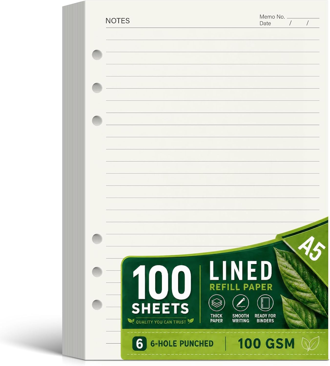 A5 Planner Inserts, 100 GSM Thick Lined Notebook Paper for A5 Binder 6 Ring