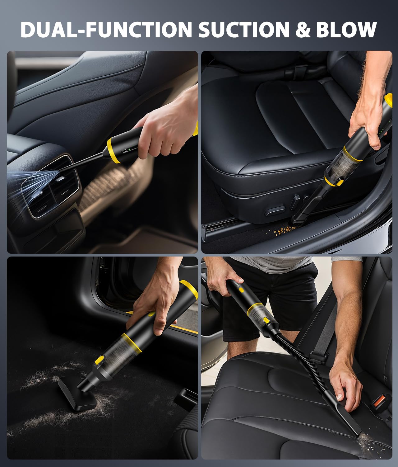 Car Vacuum Portable Cordless Handheld Vacuum Cleaner 4-in-1 Mini Cordless Vacuum with 2 Suction Modes and 16800pa Suction Power Blowing & Inflating 2 Modes Handheld Vacuum for Car, Desk, Keyboards view 3