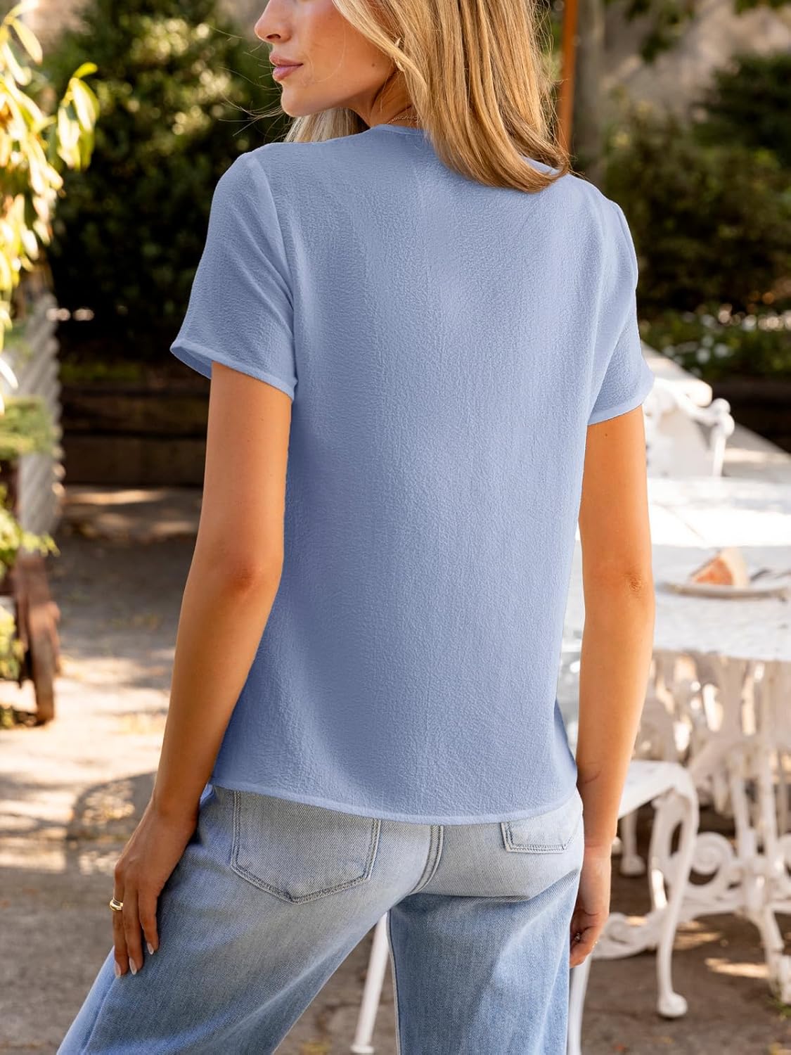 CUPSHE Women Summer Tops Short Sleeve Dressy Casual Business Work Blouses Office Shirts Blue M - Image 5