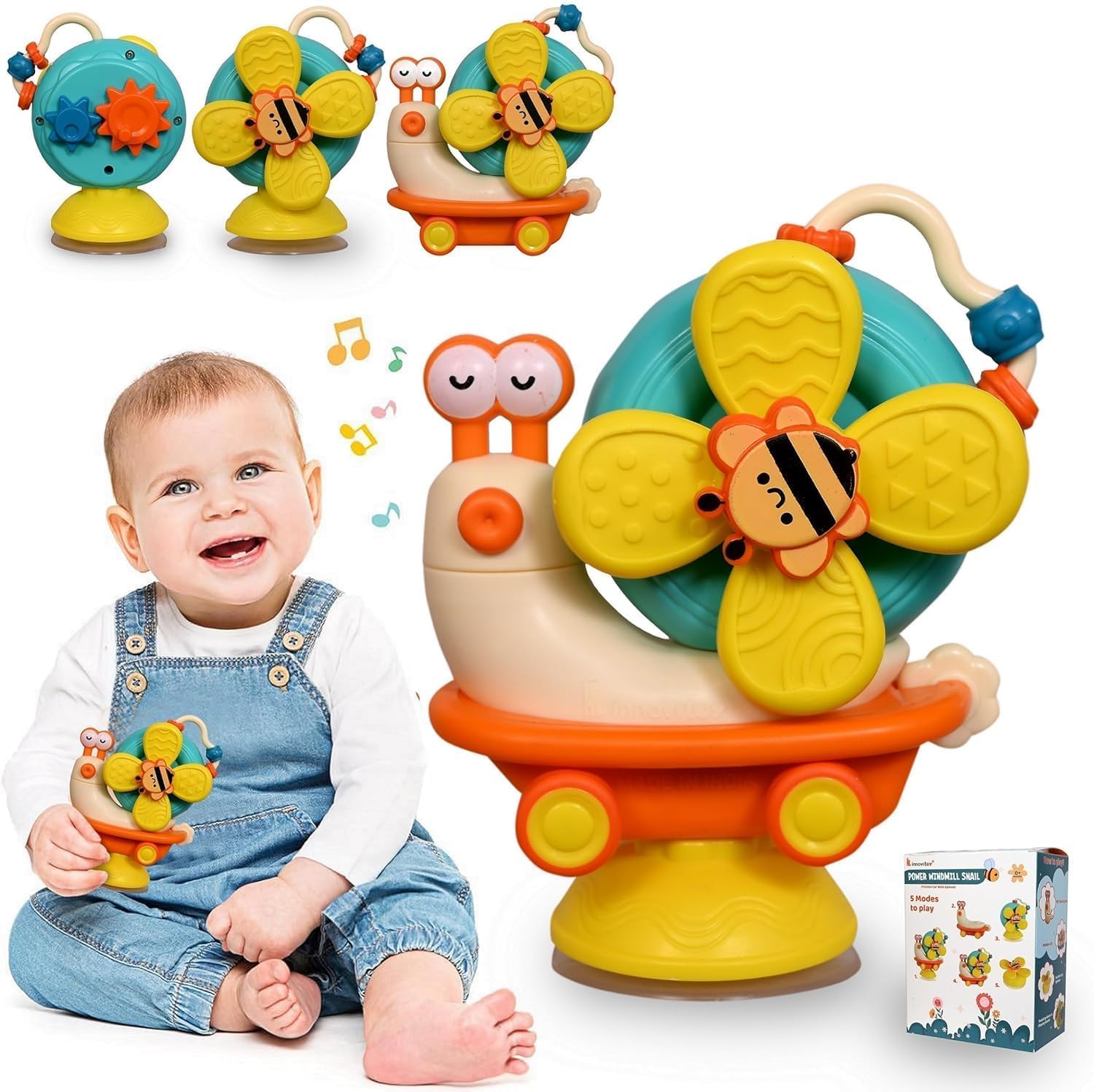 TIUDTOY 5-in-1 Baby Suction Spinner Toy, Interactive Learning Set with Rattle and Sensory Play, for 6+ Months Kids - Orange & Cream