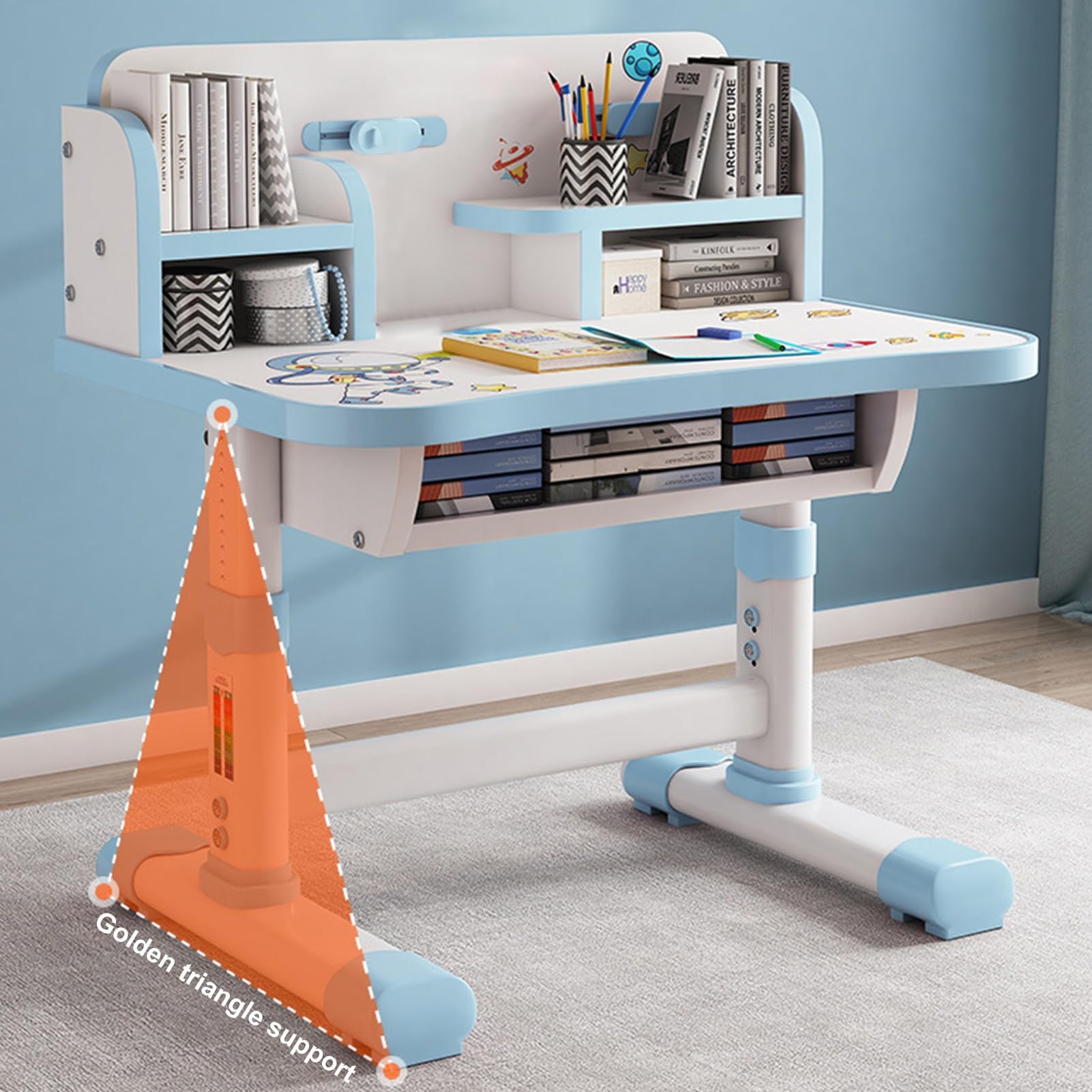 ohfruit Kindertisch und Stühle, einfache Montage, höhenverstellbar (65 bis 71 cm), Kinderschreibtisch mit großer Schreibtafel, ergonomischer Lerntisch und Stuhl-Set für Mädchen, ideal für Hausaufgaben