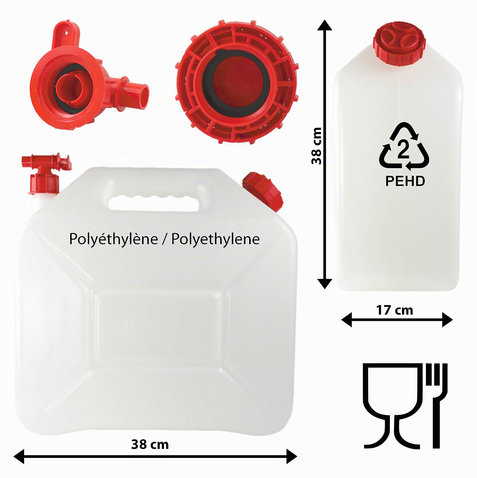 C.A.O. - Jerricans Alimentaire en Polyéthylène Alimentaire 20 litres - Longueur 38 cm - Largeur 17 cm - Hauteur 38 cm