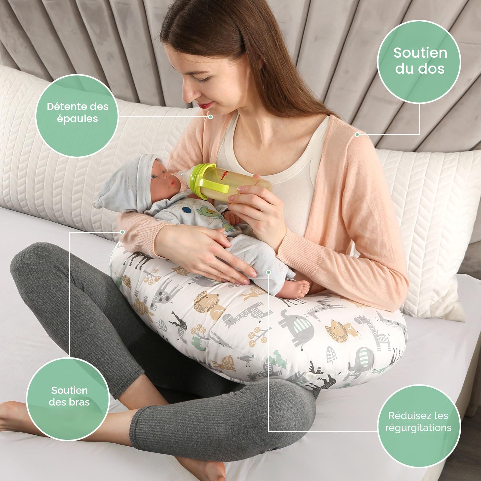 Coussin d'allaitement, Essentiels d'allaitement Ergonomiques pour le Biberon et L'Allaitement, Rembourrage en Fibres et Housse Amovible en Coton 100% Biologique, Lavable en Machine (Parc Animalier)