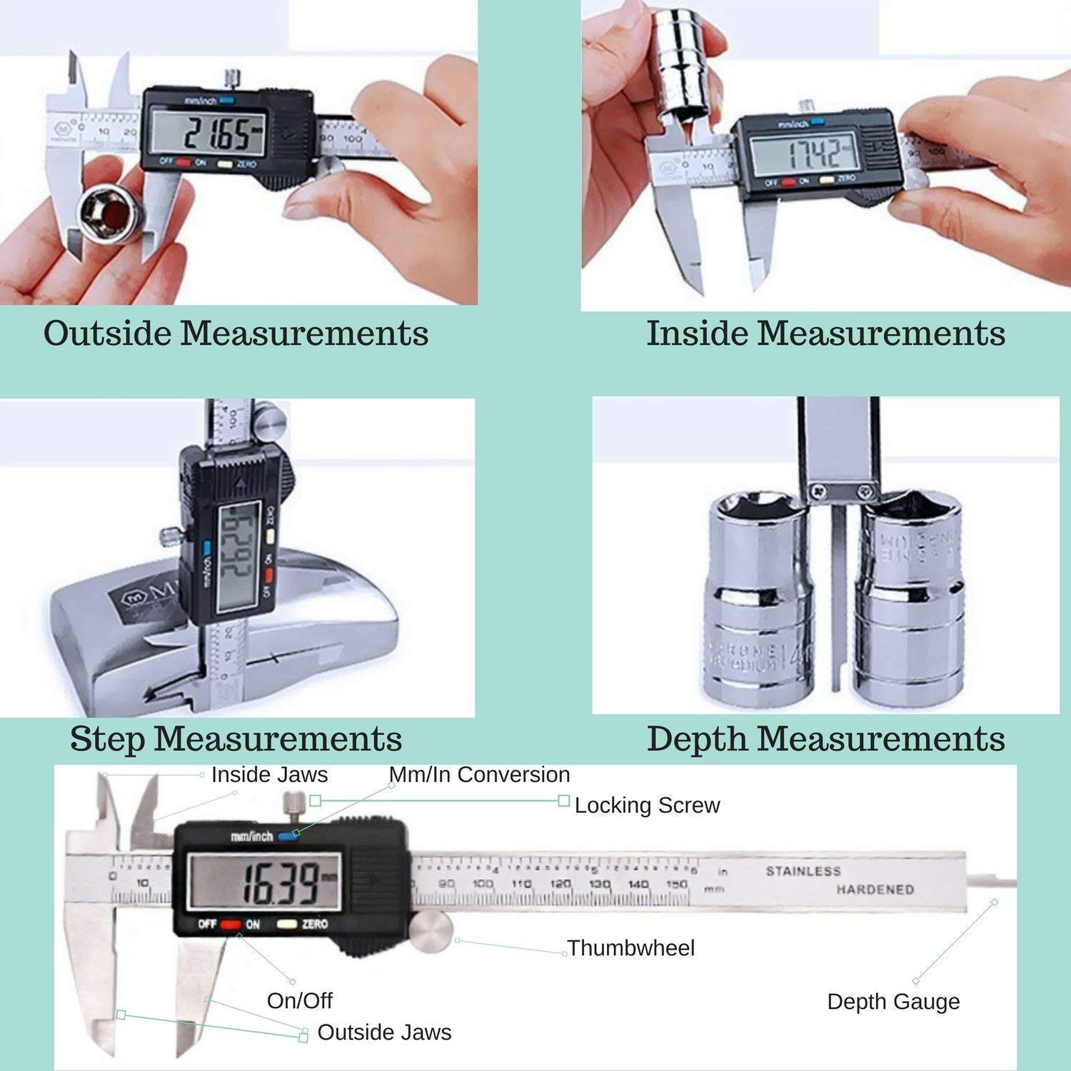 SNE Digital Stainless Steel Caliper, Vernier Caliper, Caliper Measuring Tool with Inch/Millimeter Conversion, Extra Large LCD Screen, 0-6 Inch/0-150 mm, Auto Off Featured Micrometer 3