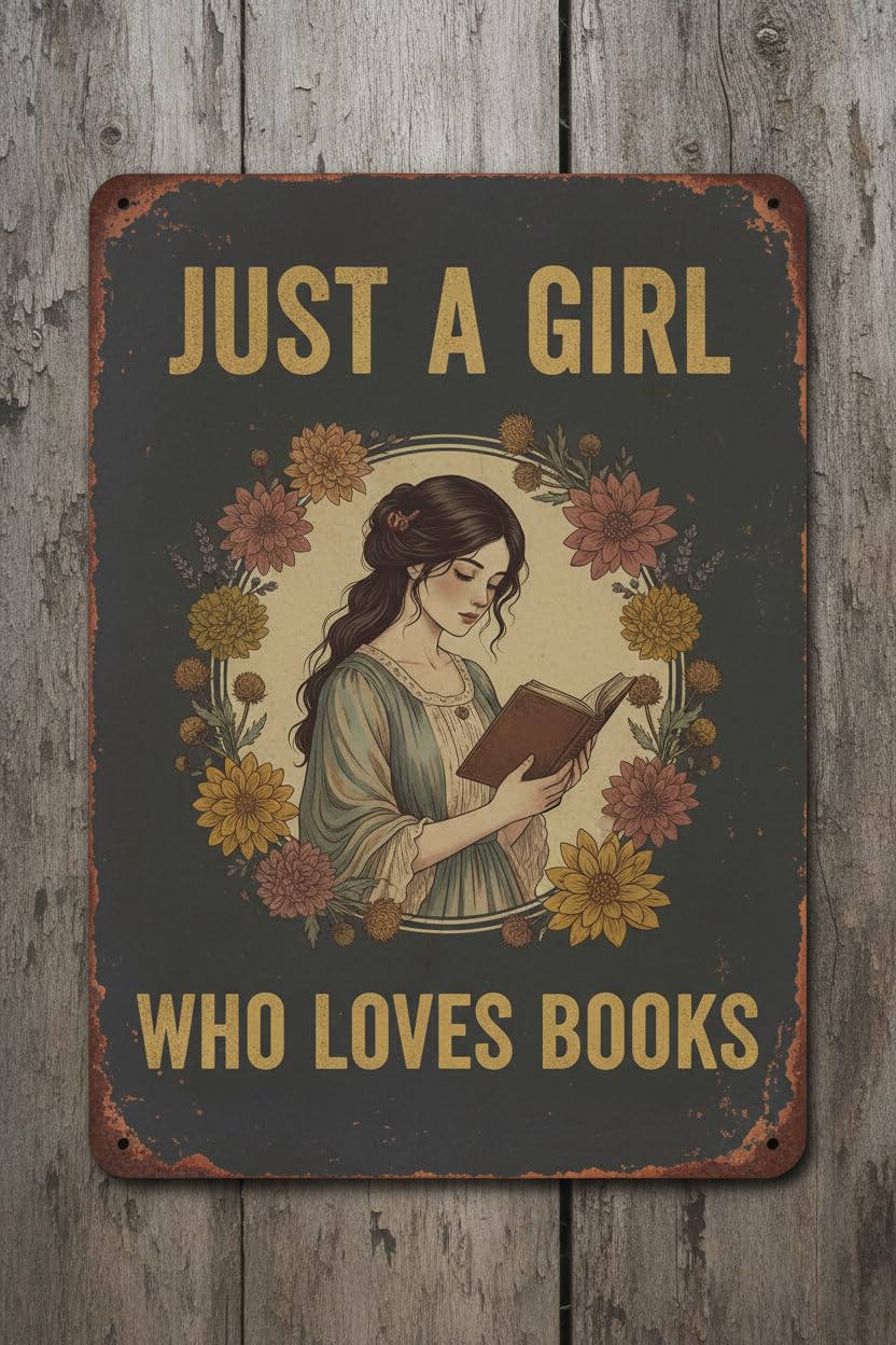 Vintage Art Tin Sign Just A Girl Who Loves Books Tin Sign Vintage Art Wall Decor Sign Garage Home Wall Decoration 8"x12"