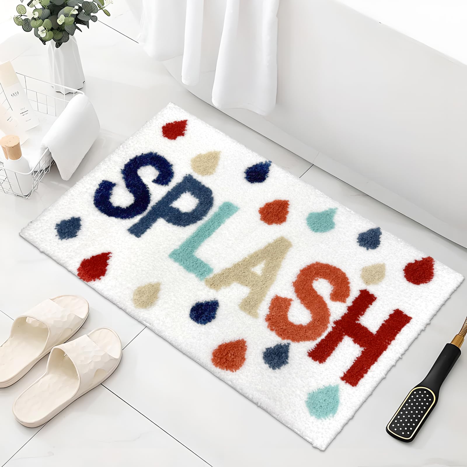 Bathroom Rug Splish Splash Absorbent Non Slip and Soft Fluffy Microfiber Bathroom Mat Funny Colorful Letter Splash Kid
