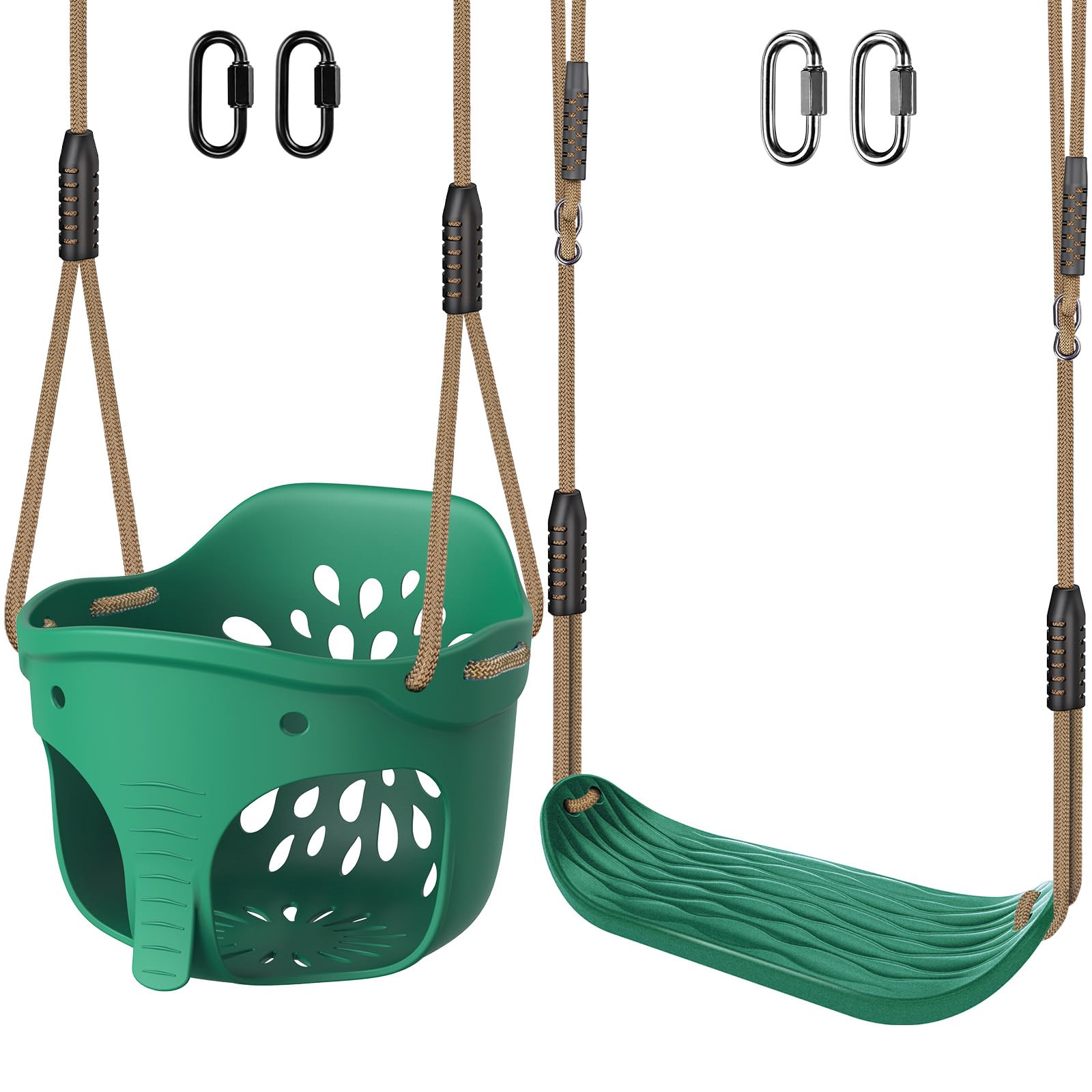 SELEWARE Green Toddler Swing Set - Heavy-Duty High Back Full Bucket Toddler Swing Seat & Kids Tree Swing with Adjustable Ropes, Backyard Playground