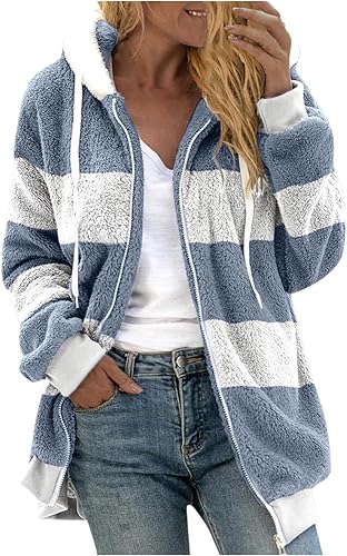 Winter Fuzzy Fleece Jacket for Women Zipper Hooded Color Block Patchwork Fluffy Sweatshirt Coats Fashion Outerwear