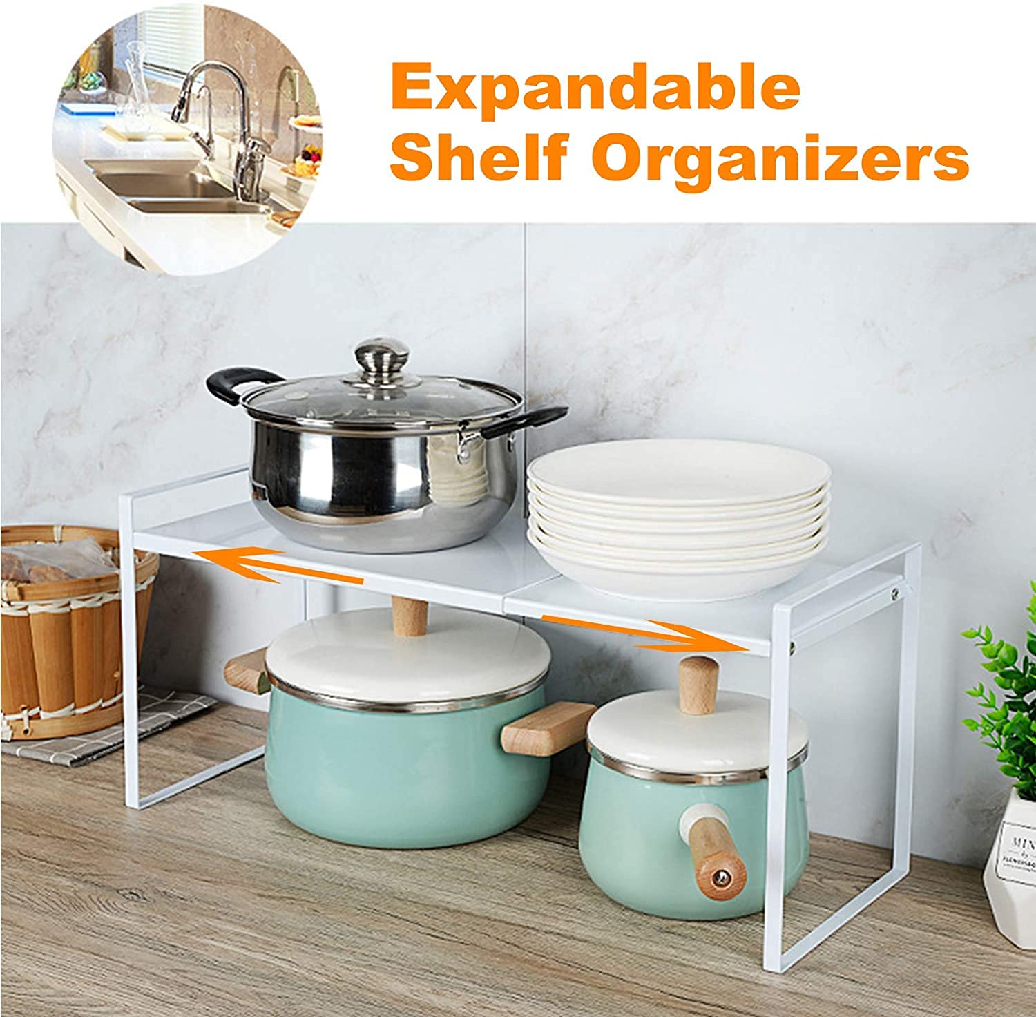 Soporte para platos extensible, estantes de cocina para vajilla, estantes para ahorrar espacio, organizador para aparador, alimentos y utensilios, de metal-blanco 20,5 x 20 x 36 ~ 60 cm