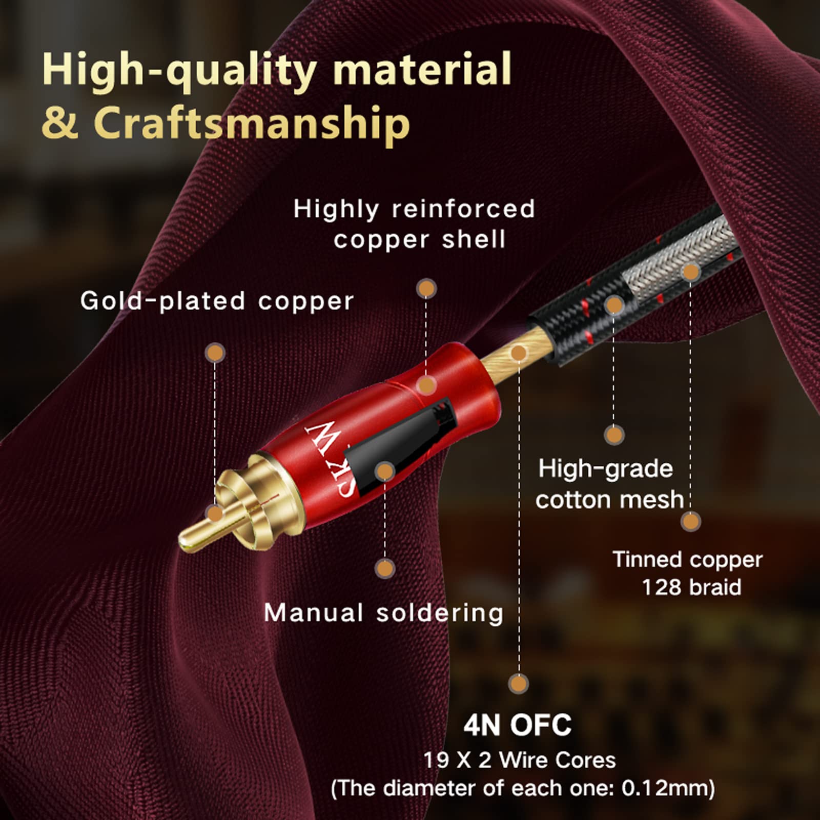 SKW RCA Cable, OFC Copper - Double Shielded 2RCA Male to 2RCA Male - Stereo Analog for CD, DVD, Amplifier, Sound Card, Decoder, Soundbar (2M, Red) - 2