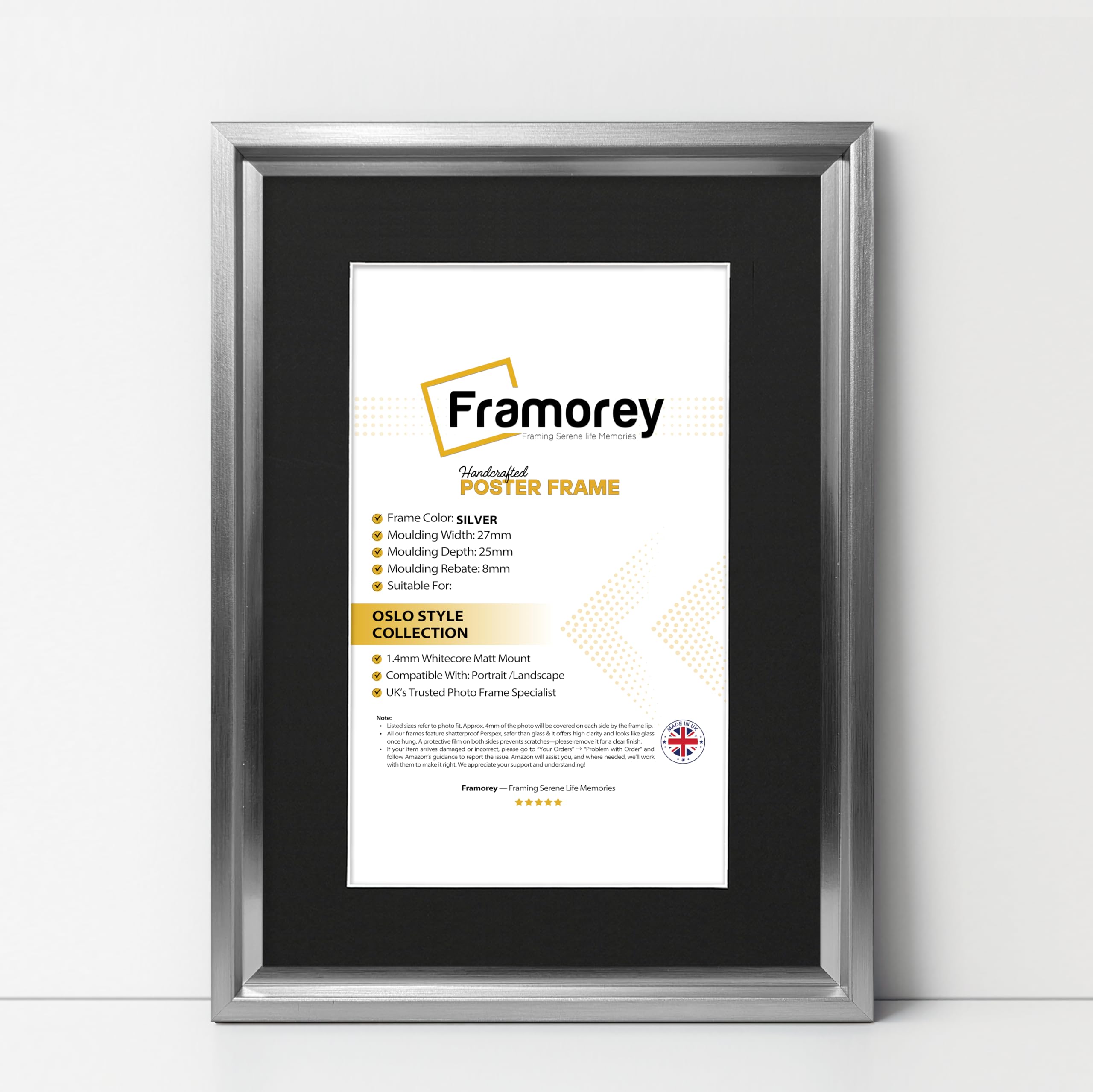 FRAMOREY Oslo Style Picture Frame, 20x16" Size Silver Photo Frame With 16x12" Size Black Mount, Photo College Frame, Home Decor Frames