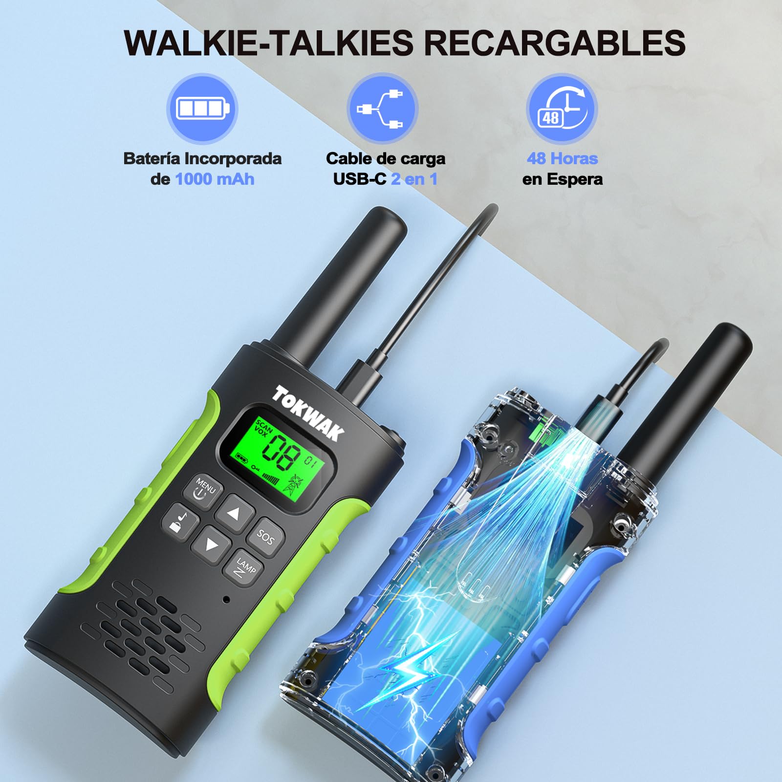 Walkie Talkies Recargable con Batería, 4pcs Walkie Talkie para Niños Adultos, VOX y Linterna, Walkie-Talkie Largo Alcance 3KM, 16 Canales Walky Talky para Exteriores Camping Senderismo
