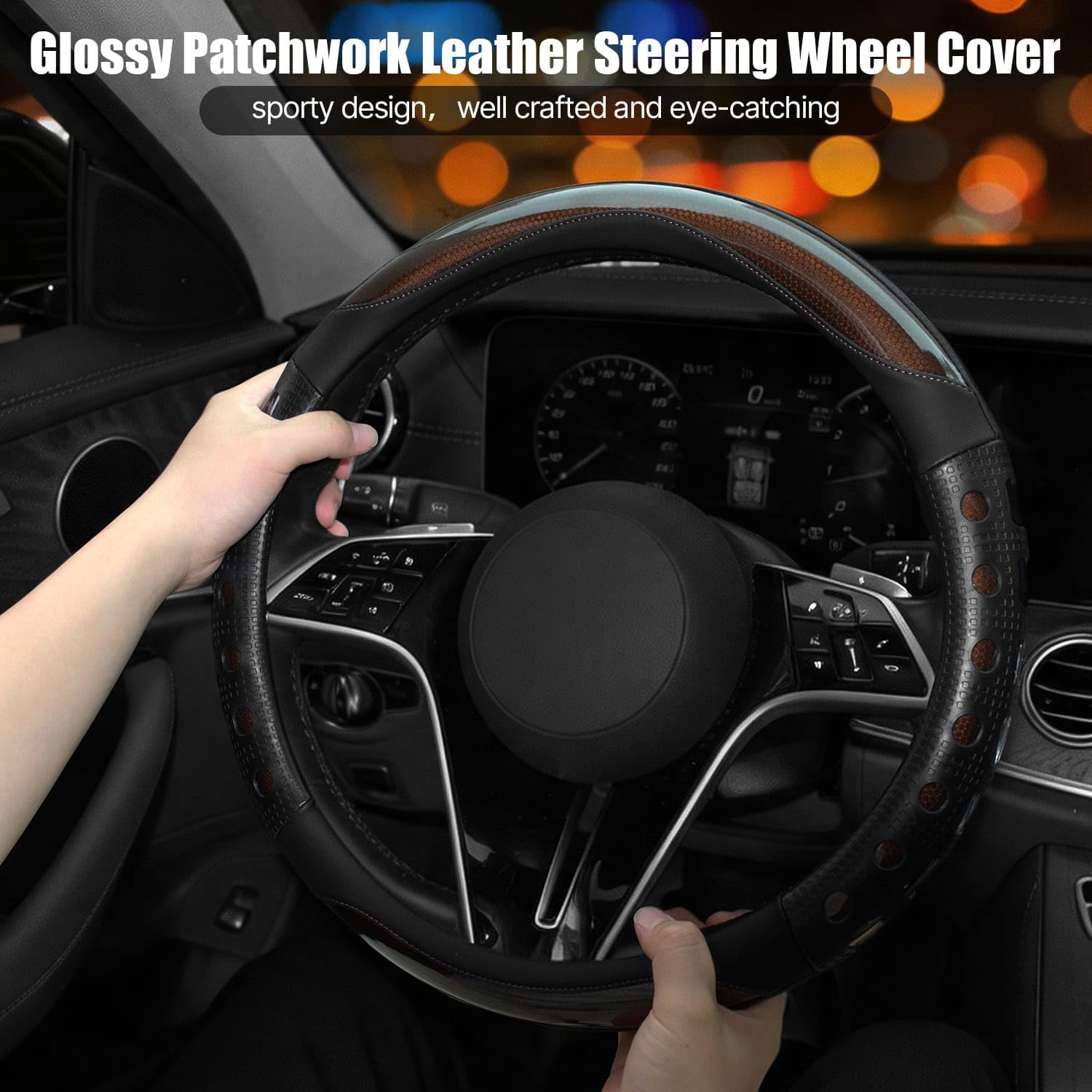 Hiseanllo Car Steering Wheel Cover, 14.5-15 Inch Universal Fit, Sporty Anti-Slip Leather Steering Wheel Protector with Glossy Color Accent, Comfortable Grip for Cars, SUVs, Trucks(Brown)