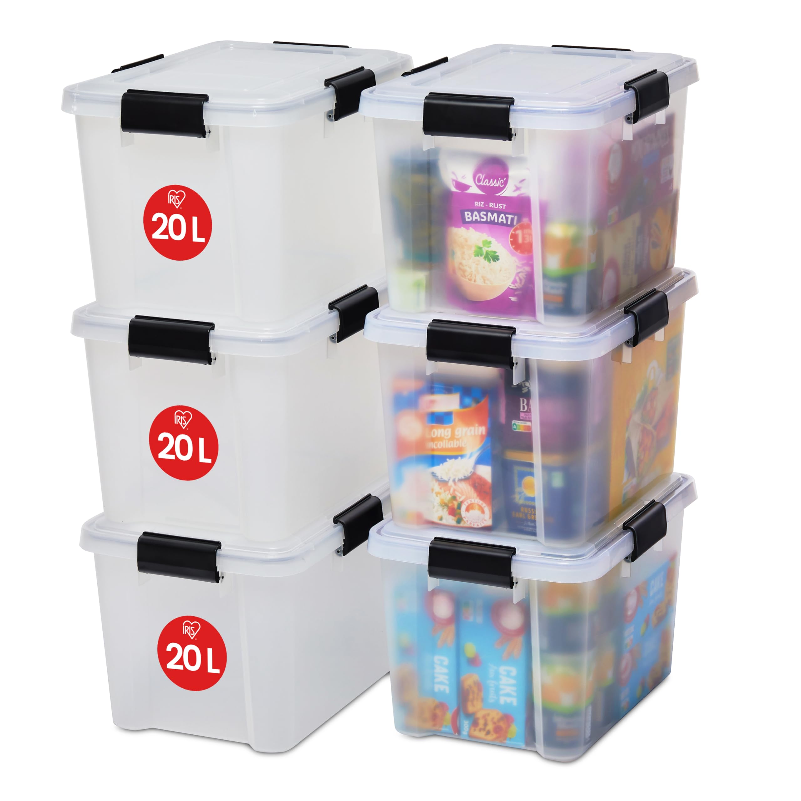 Iris Ohyama Luftdichte Kunststoff-Aufbewahrungsboxen mit Deckel, 20L, 6er-Set, Transparent, Hermetischer wasserdichter Verschluss, Robuste Schnappverschlüsse, Stapelbar, Staubschutz, BPA-frei, AT-SD